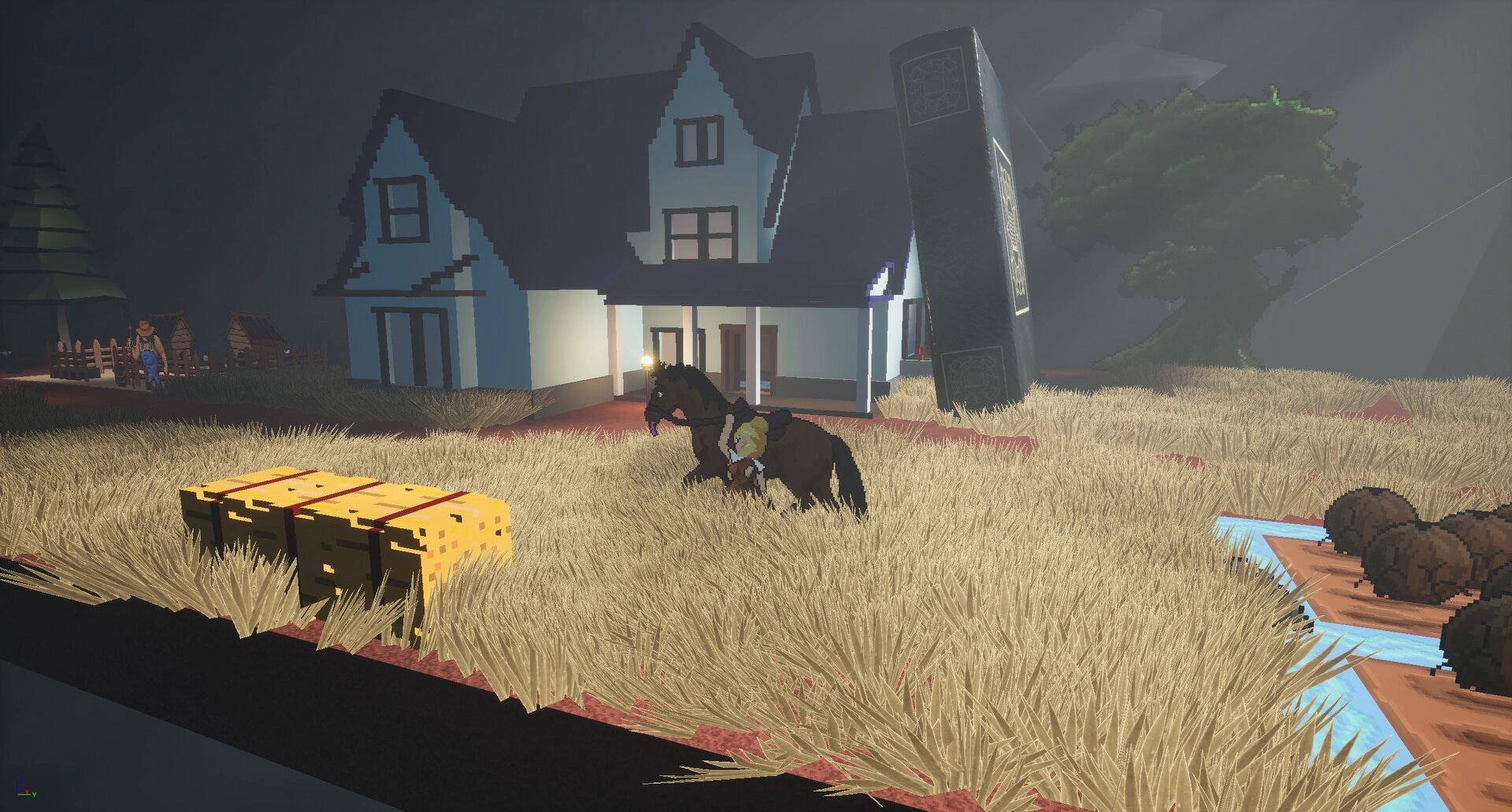 Please: Rider on horseback approaching a large house in a grassy field with hay bales and trees nearby