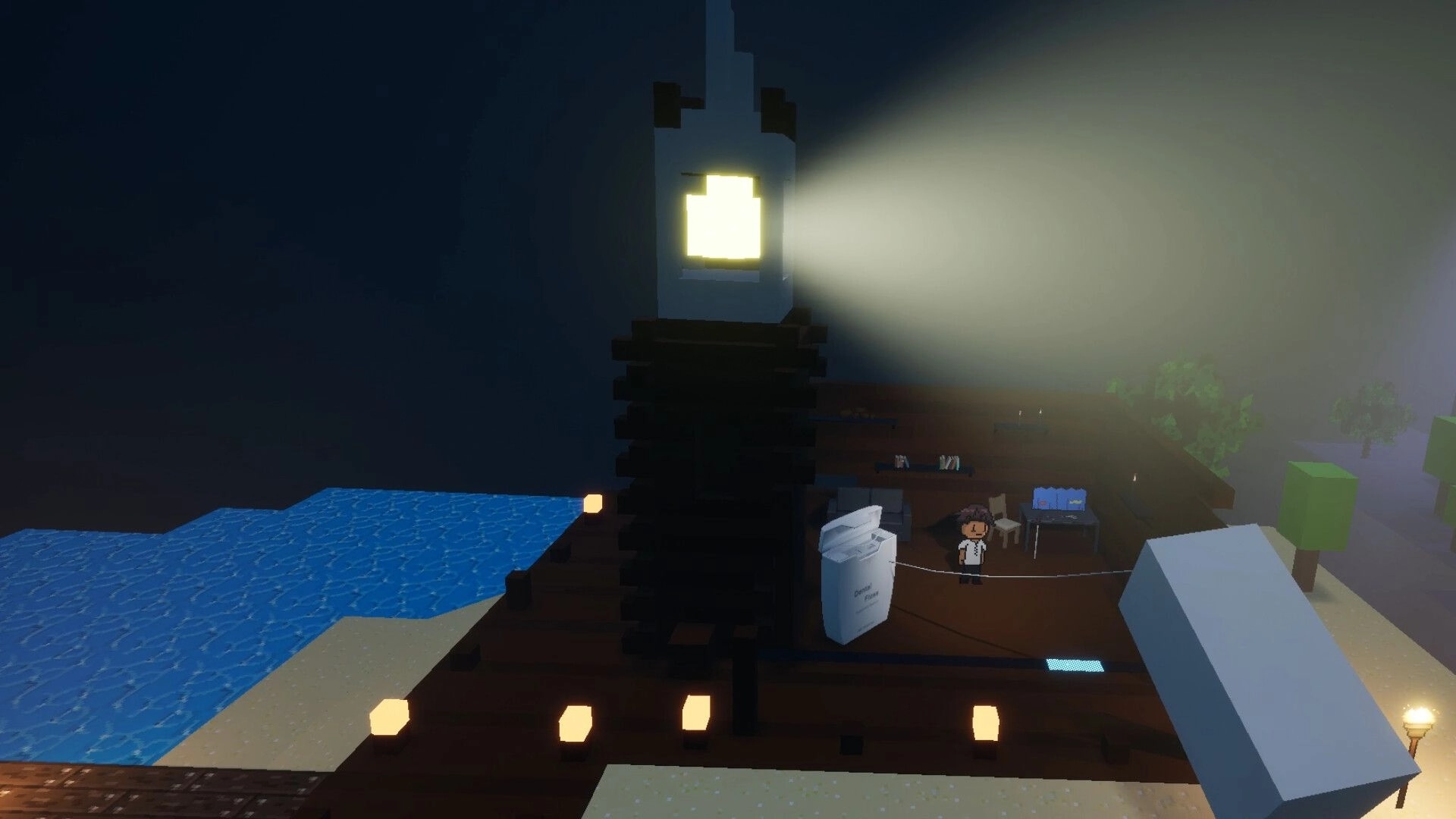 Please: Character in a small room beside a lighthouse on a foggy island with trees and ocean nearby.