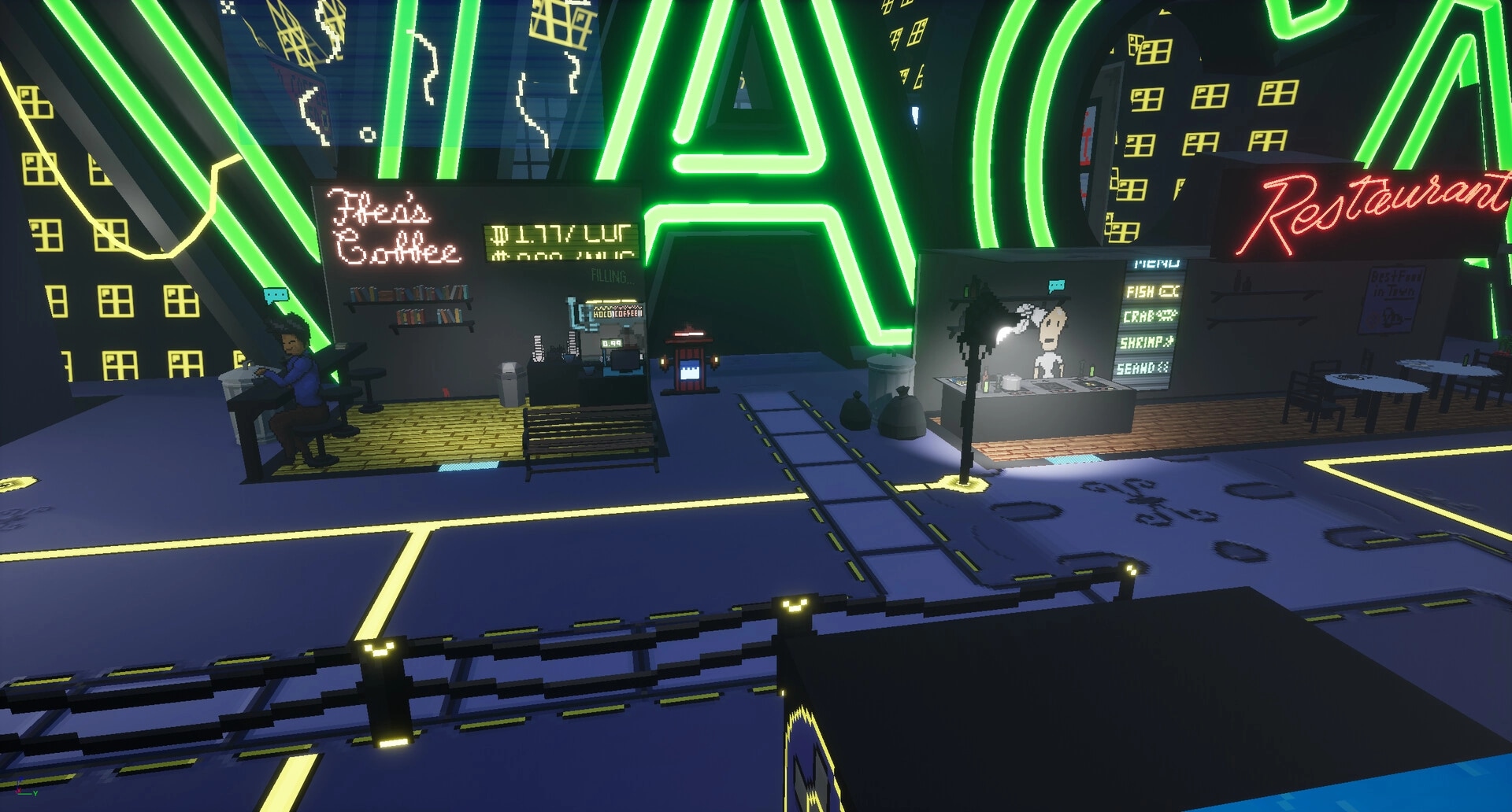 Please: Nighttime neon-lit street with coffee shop, restaurant, and characters in a futuristic city setting.