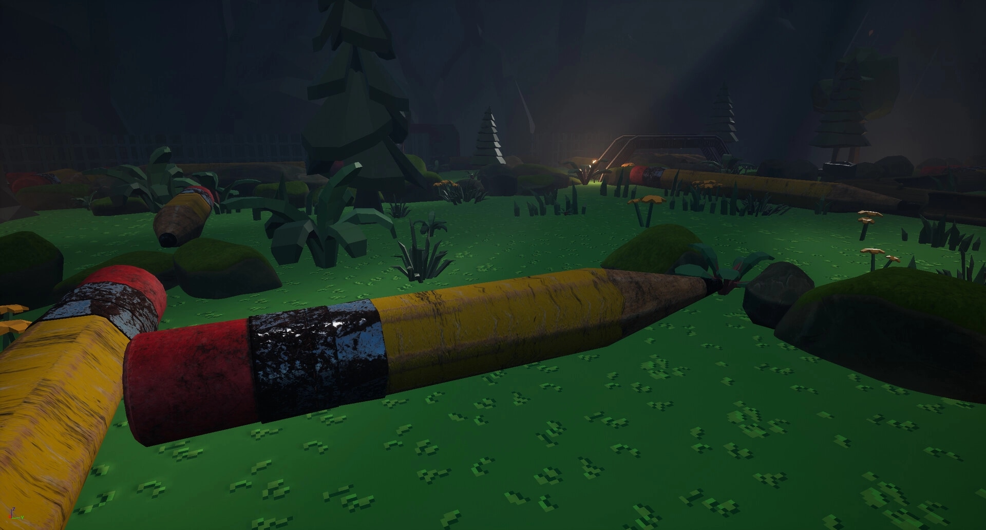 Please: Giant colored pencils scattered in a lush, forest-like environment with dim lighting