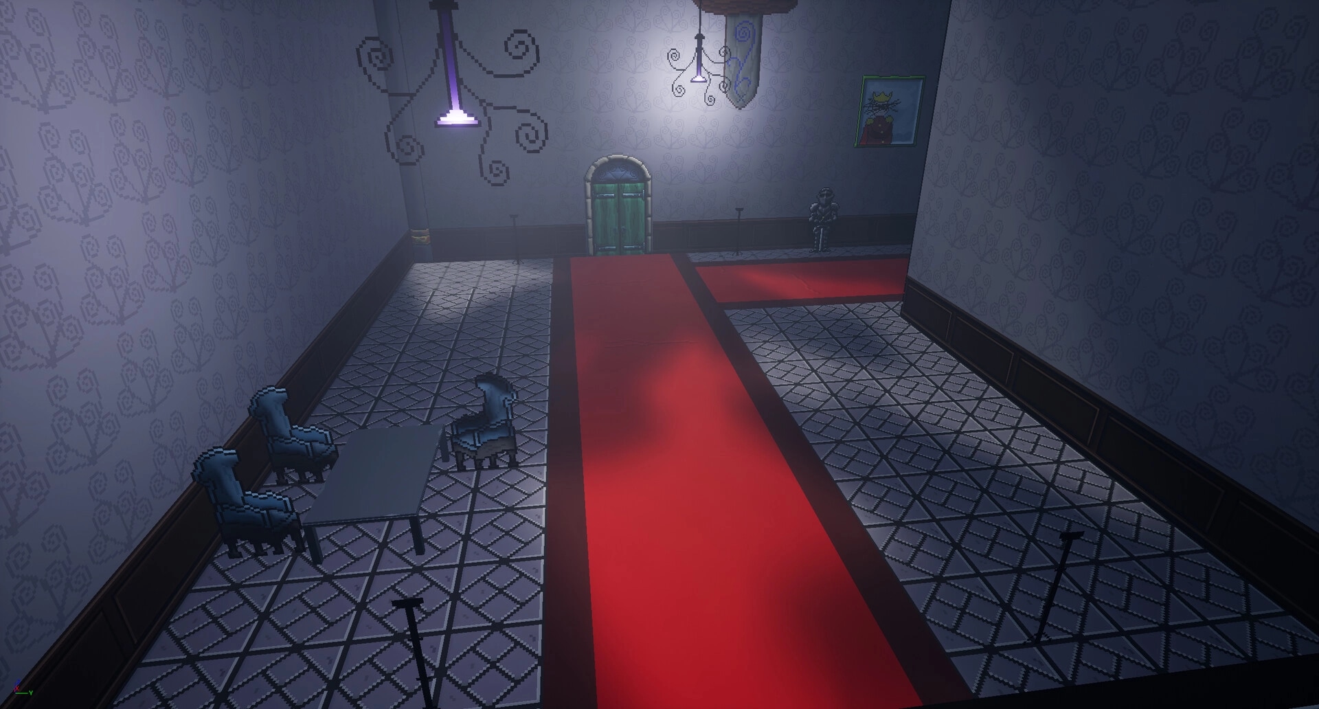 Please: Empty castle corridor with red carpet, ornate wallpaper, and a table with chairs in the corner.