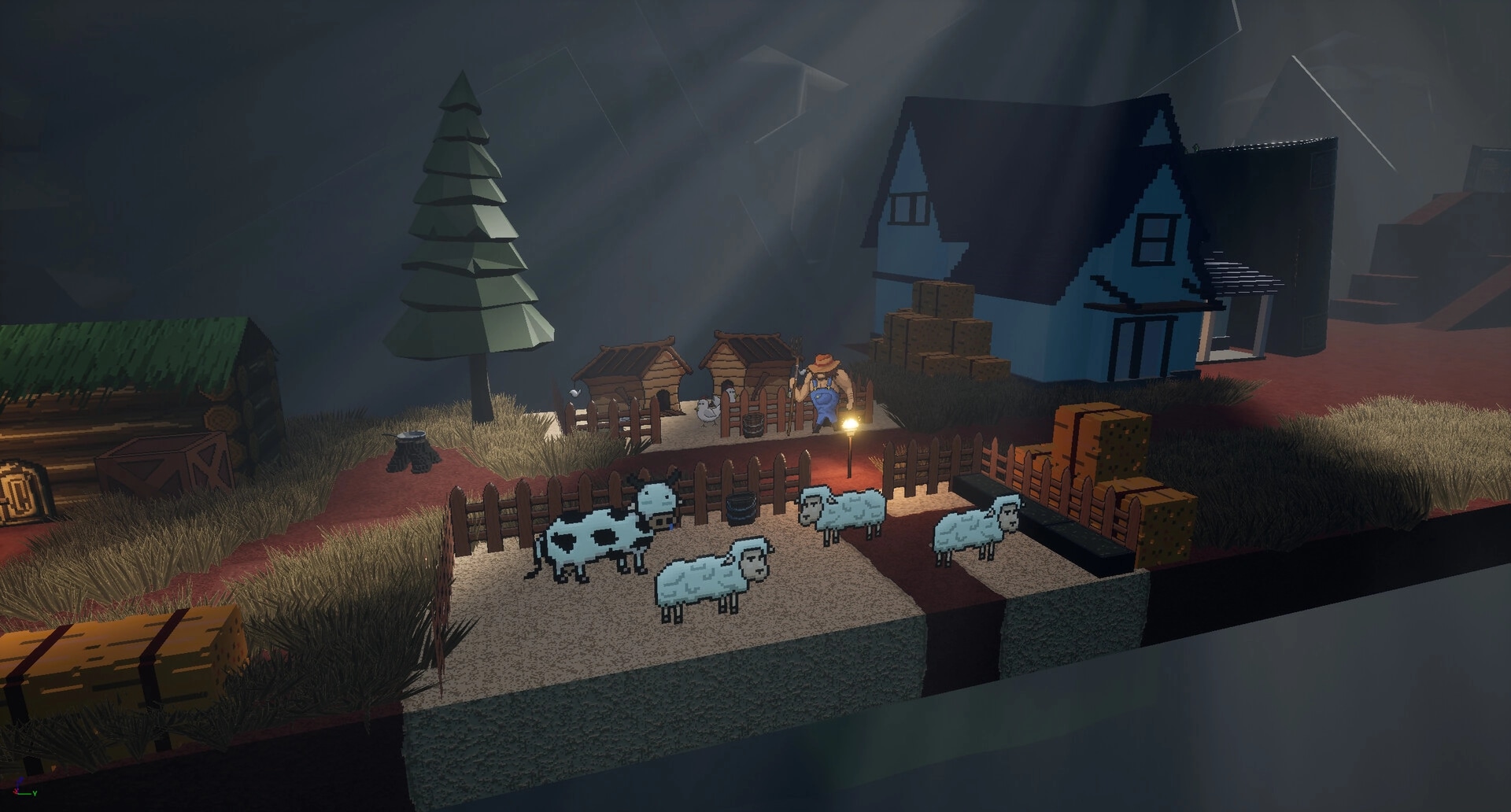Please: Farmer tending to livestock with sheep and chickens near a wooden house and crates in a rural setting