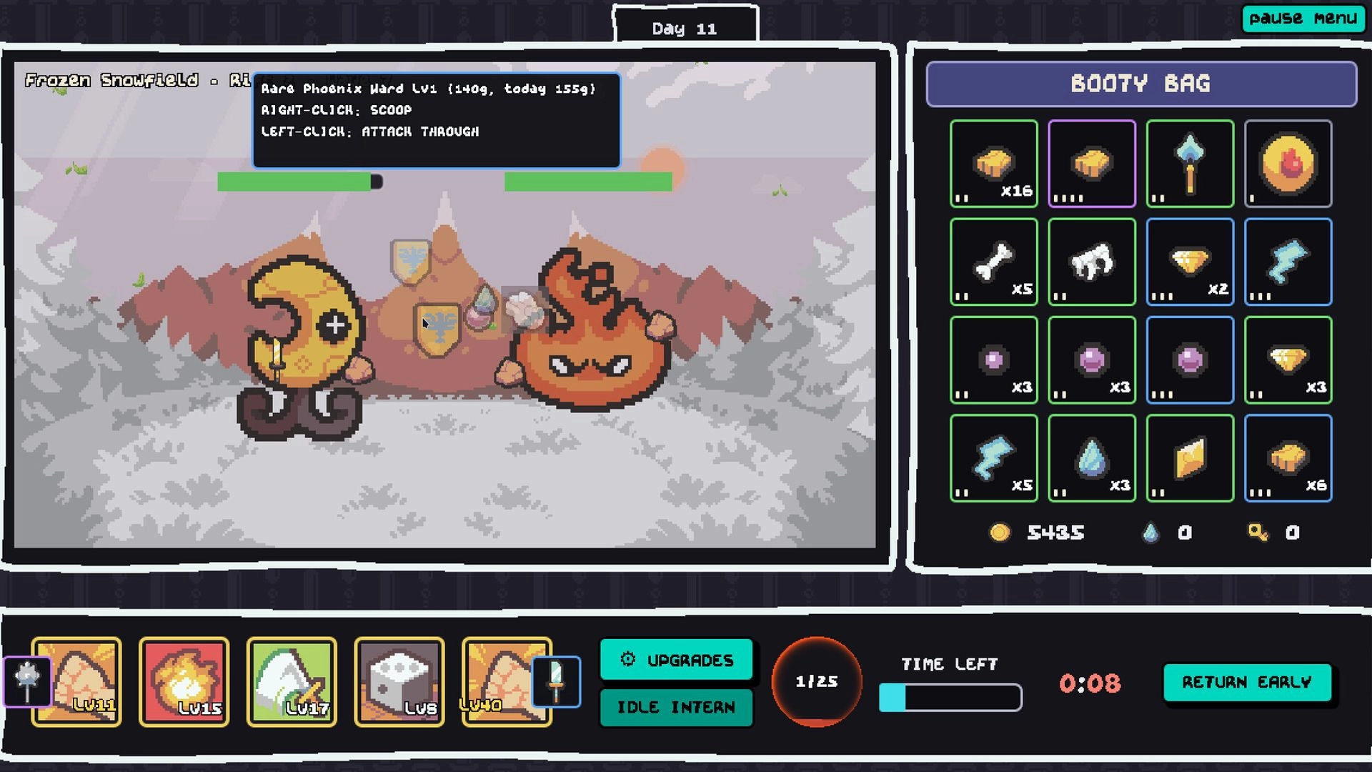 Please Buy My Junk!!: Battle in Frozen Snowfield with two critters and Booty Bag loot grid UI open.