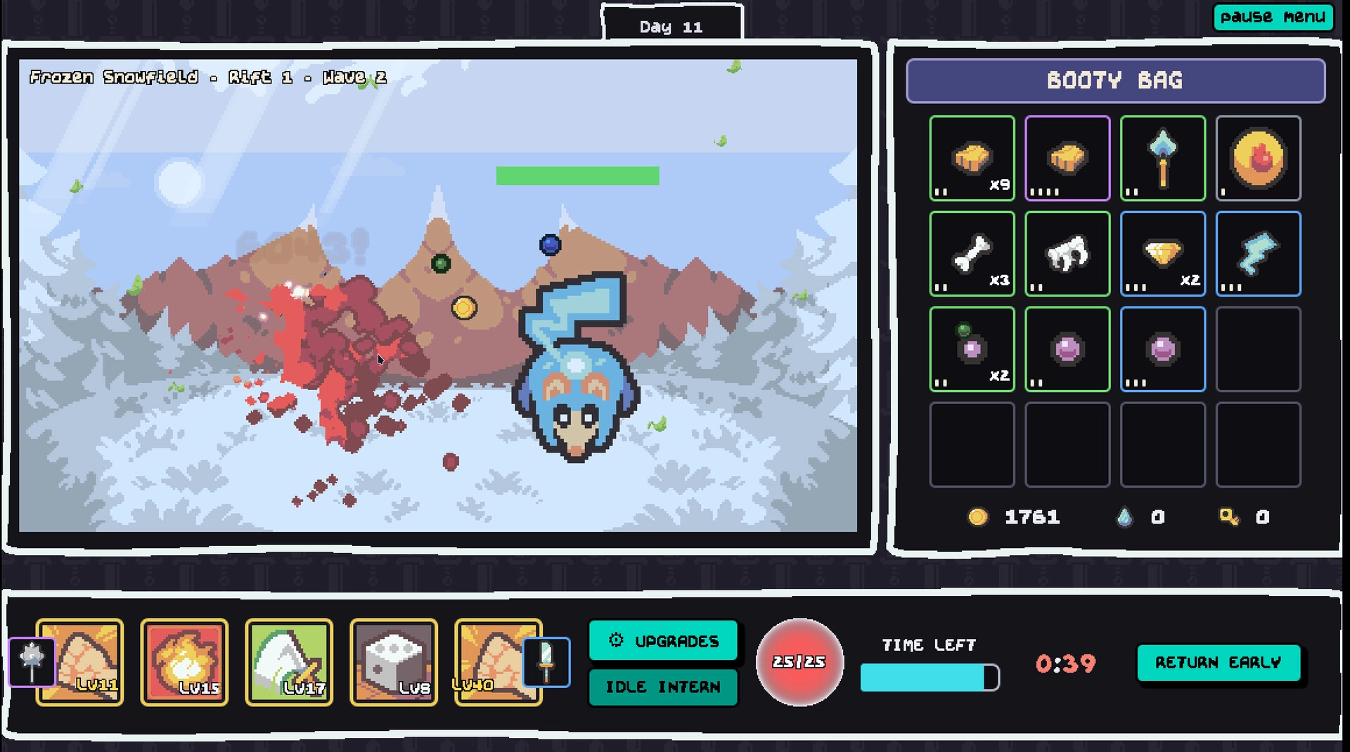 Please Buy My Junk!!: Mouse hero fights in Frozen Snowfield while Booty Bag inventory is open.