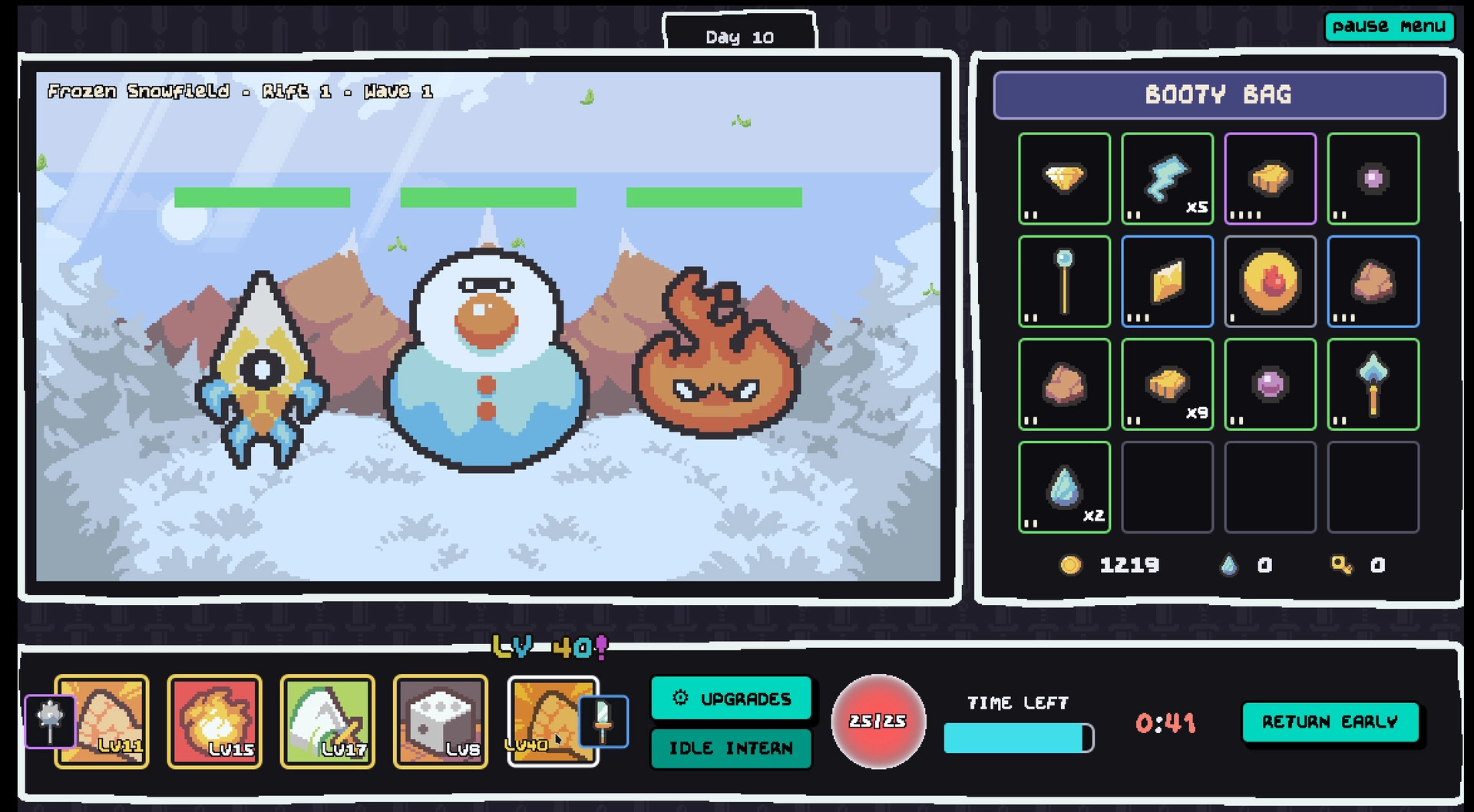 Please Buy My Junk!!: Frozen Snowfield battle with three critters and Booty Bag loot grid UI open.