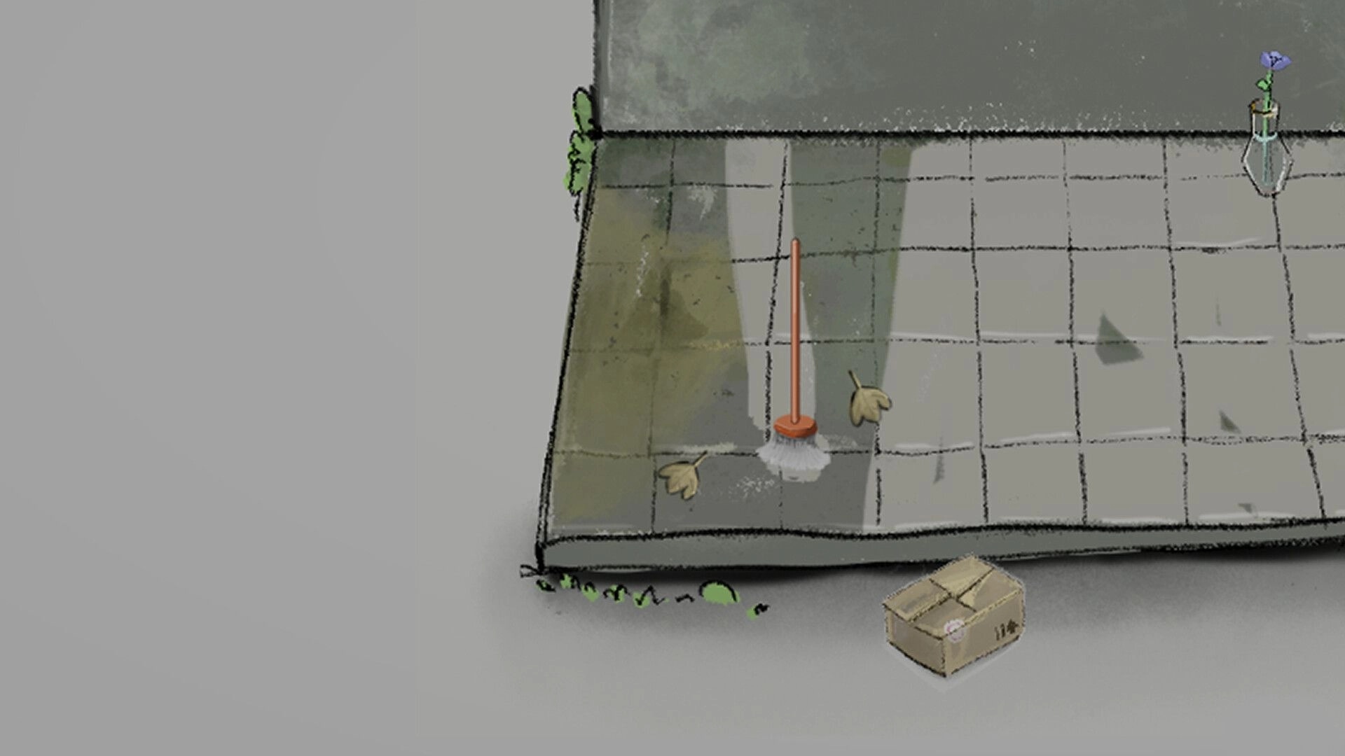 Please fix the mess: Mop scrubbing a stained tiled floor with scattered leaves in a bare room corner.