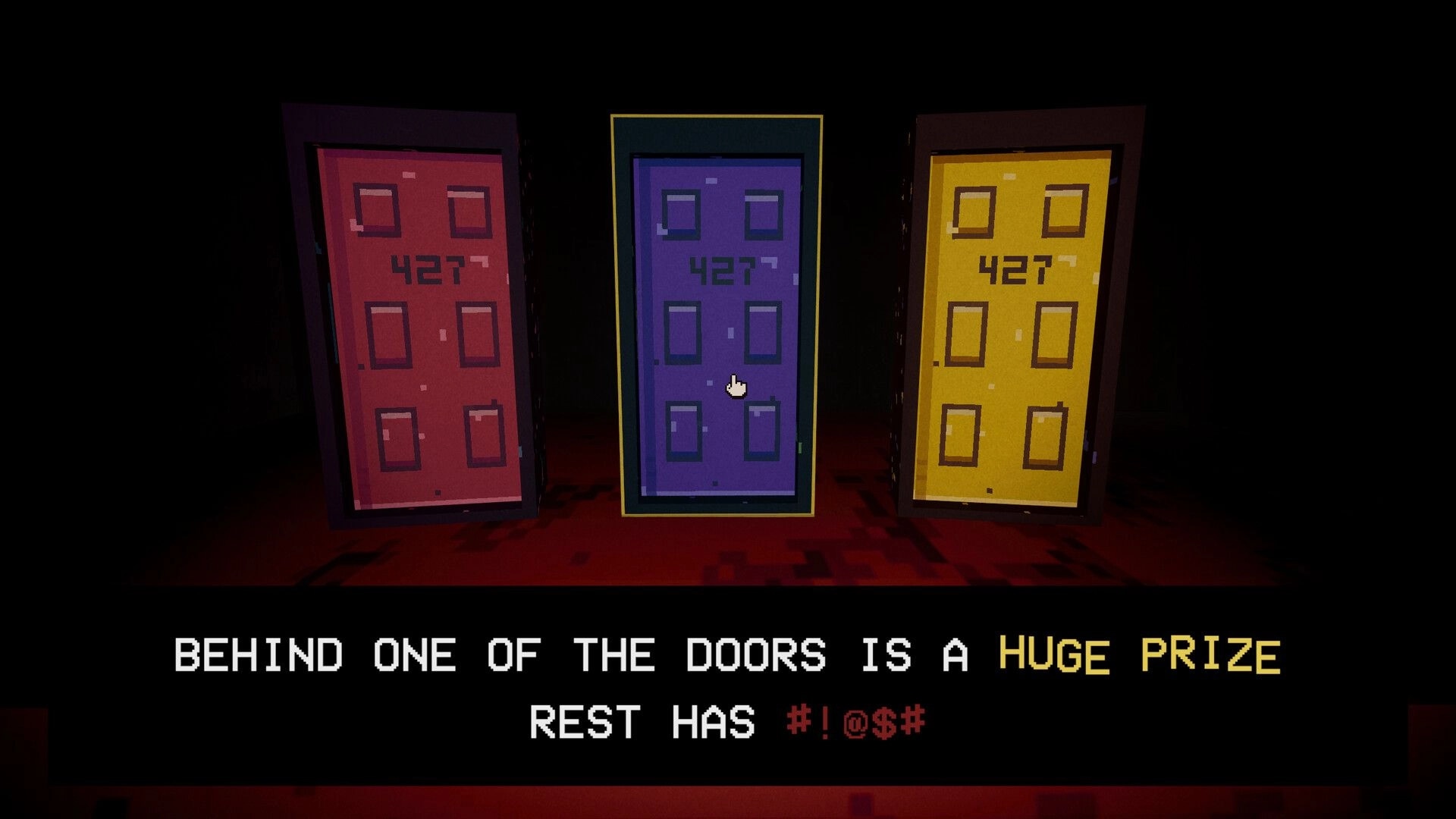 Please, Spin: Choose between three numbered doors as text warns one hides a huge prize onstage.