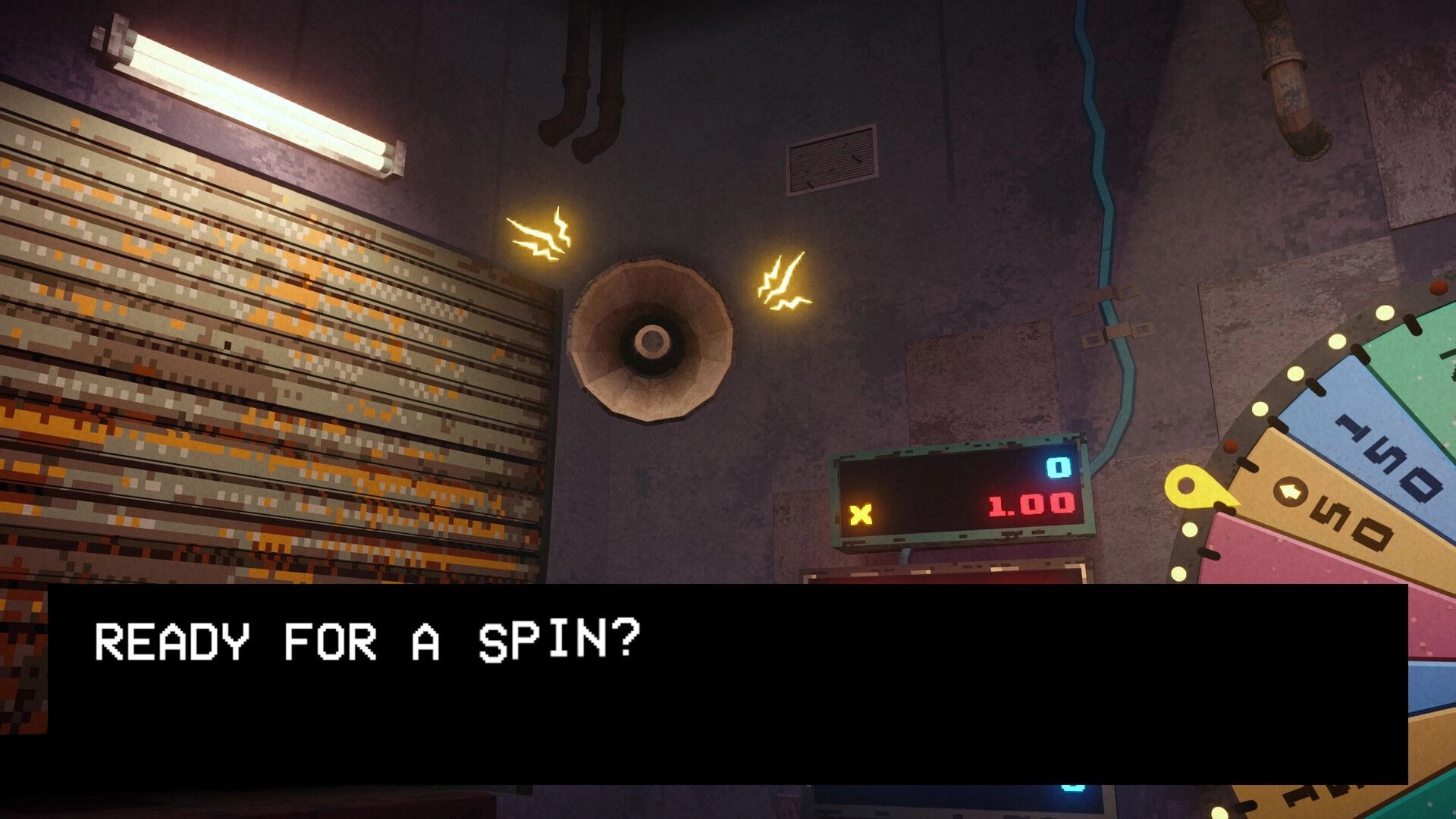 Please, Spin: "READY FOR A SPIN?" prompt over a studio set with scoreboard and colorful prize wheel UI.