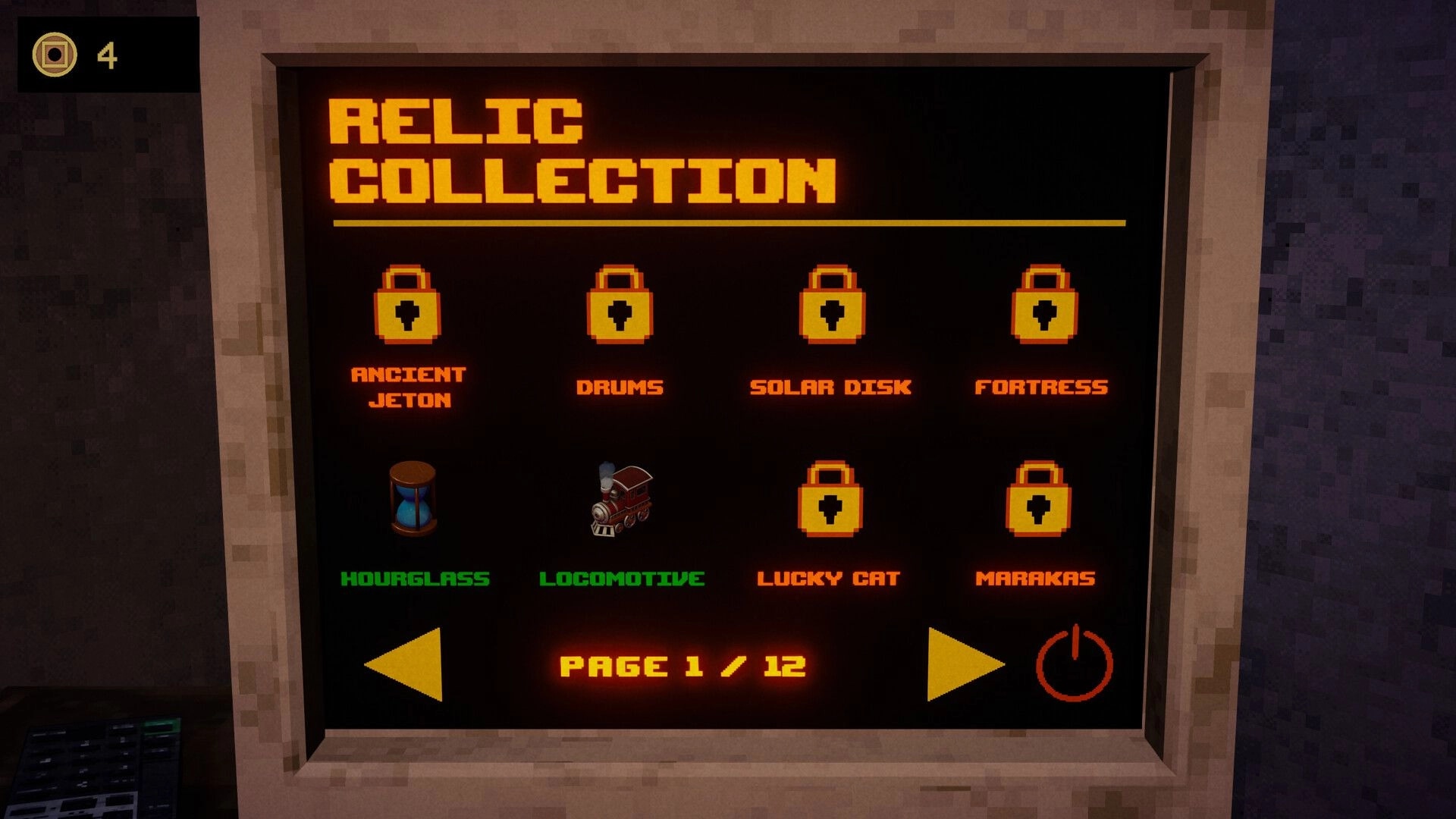 Please, Spin: Relic Collection menu with locked relic slots and Hourglass, Locomotive icons, page 1/12.