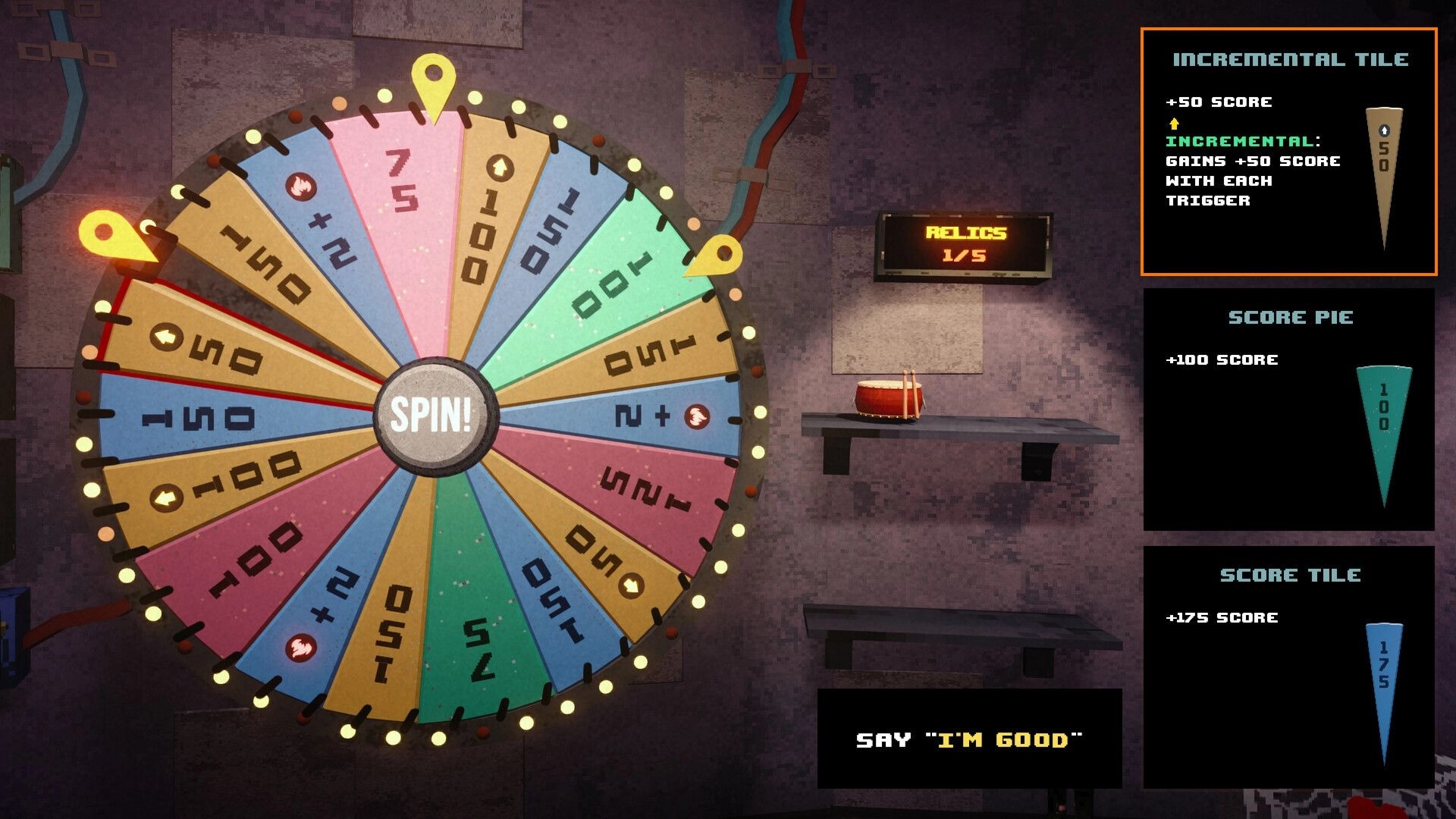 Please, Spin: Colorful score wheel with SPIN button and relic cards on a dim concrete game show set.