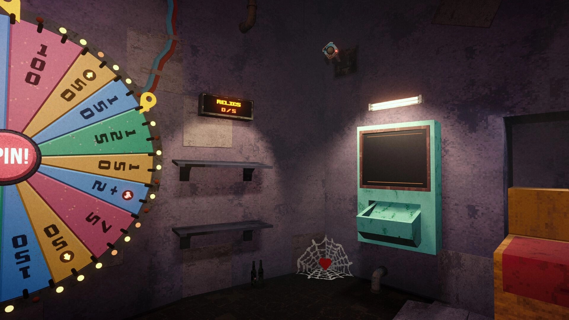 Please, Spin: Prize wheel beside relic counter and empty shelves in a dim concrete backstage room.