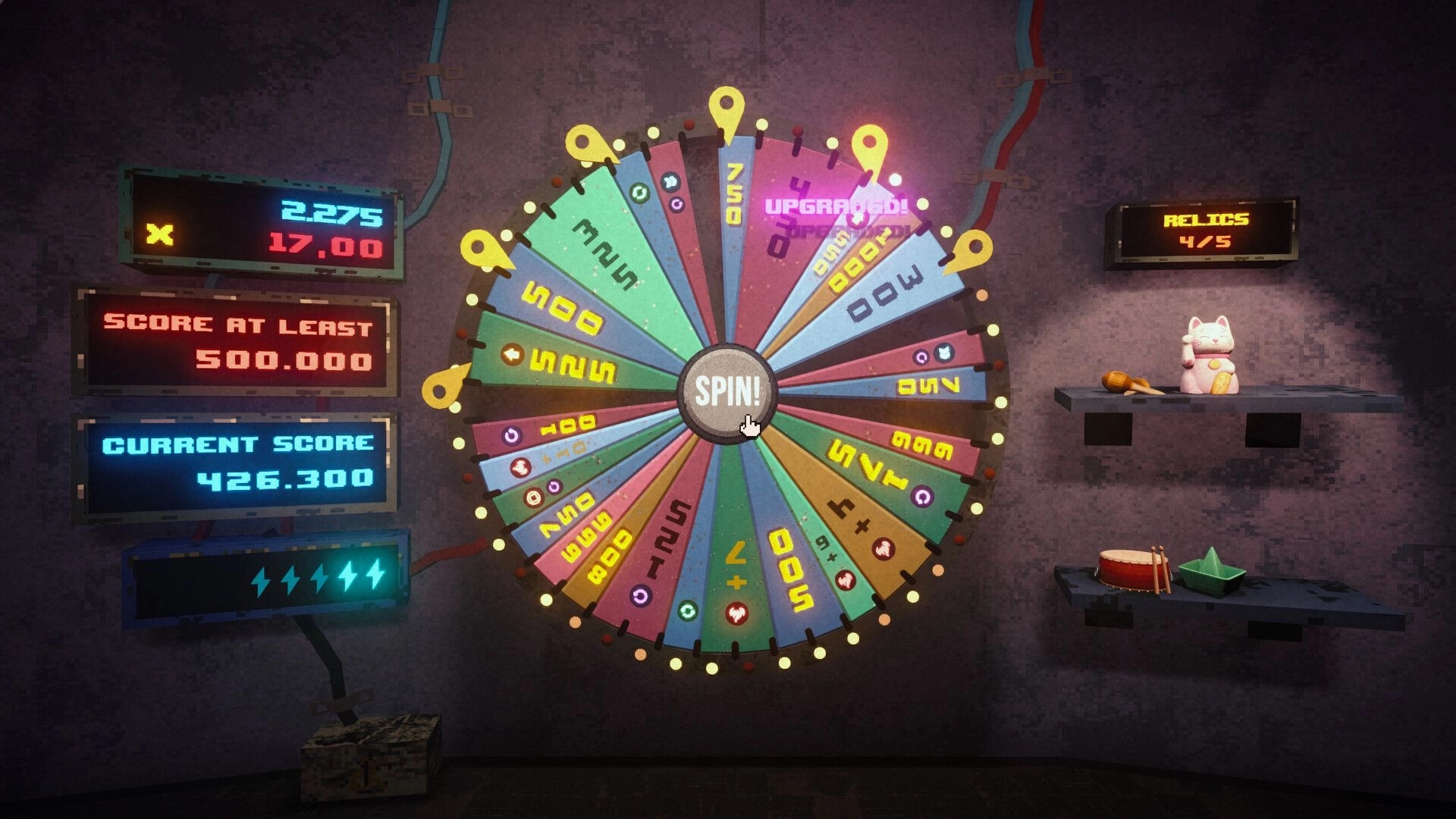 Please, Spin: Cursor hovering over SPIN wheel with score panels and relic counter in neon room.