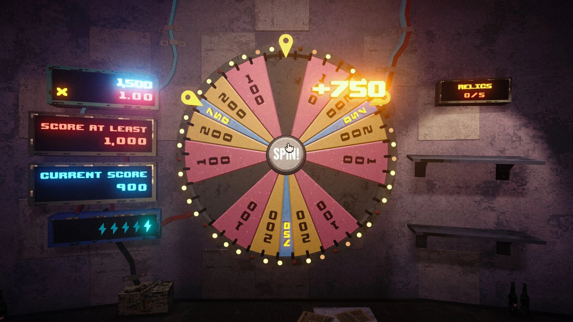 Please, Spin: Prize wheel with SPIN button and +750 popup, score panels on a grungy wall set.