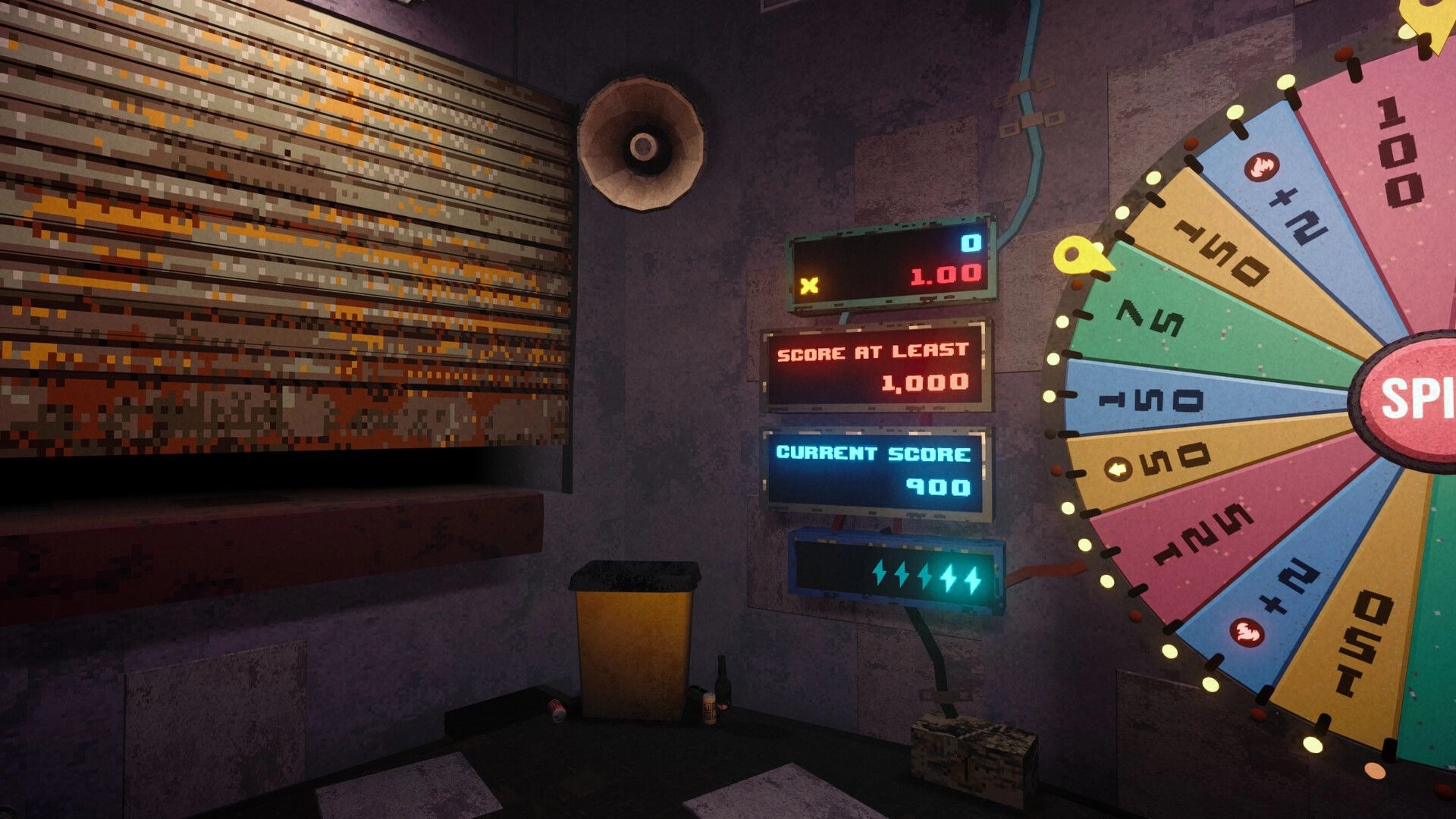 Please, Spin: Prize wheel beside score boards showing goal 1,000 and current score 900 in a dingy room.