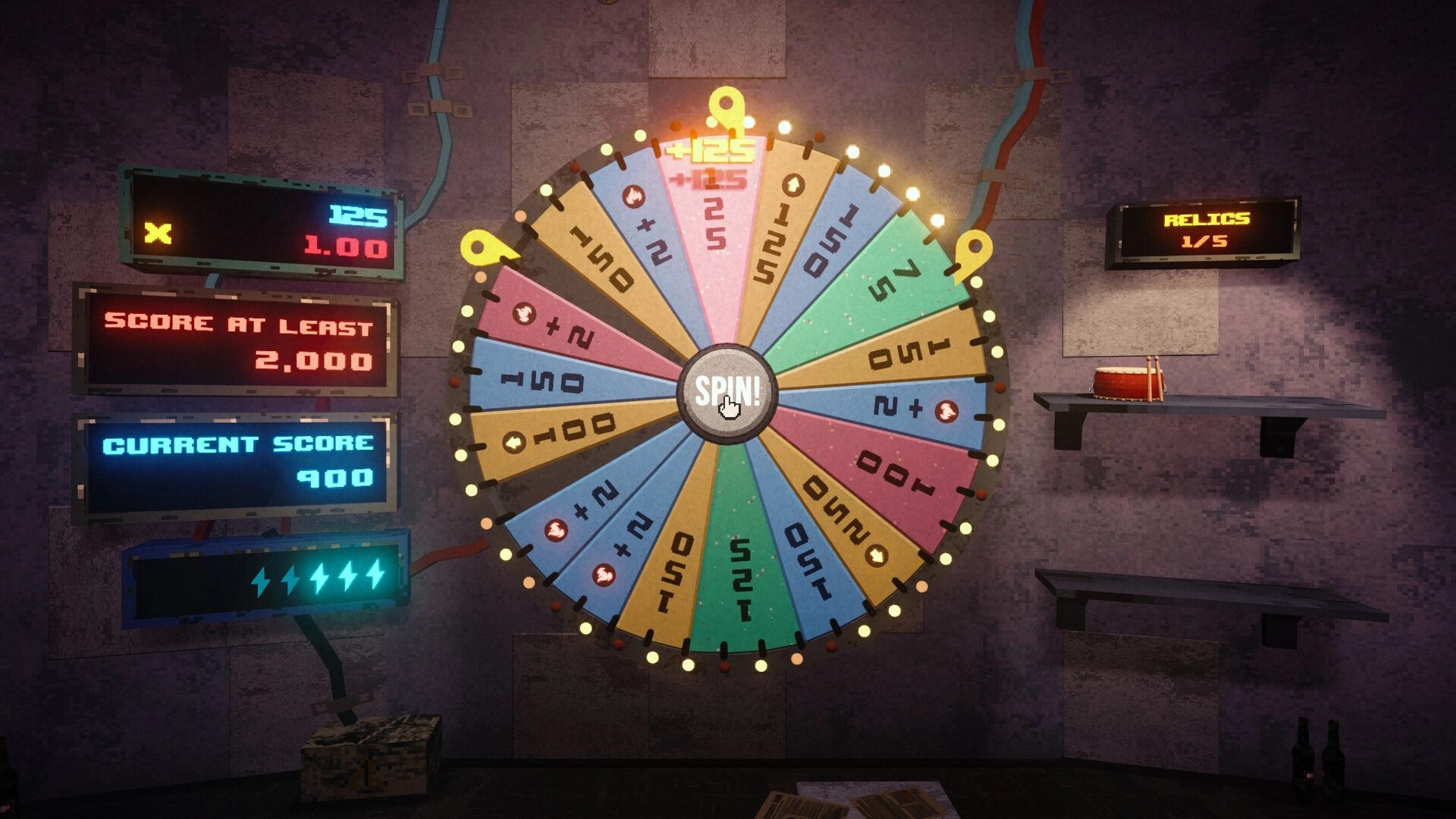 Please, Spin: Glowing prize wheel with SPIN button, score panels and relics counter in stone room.