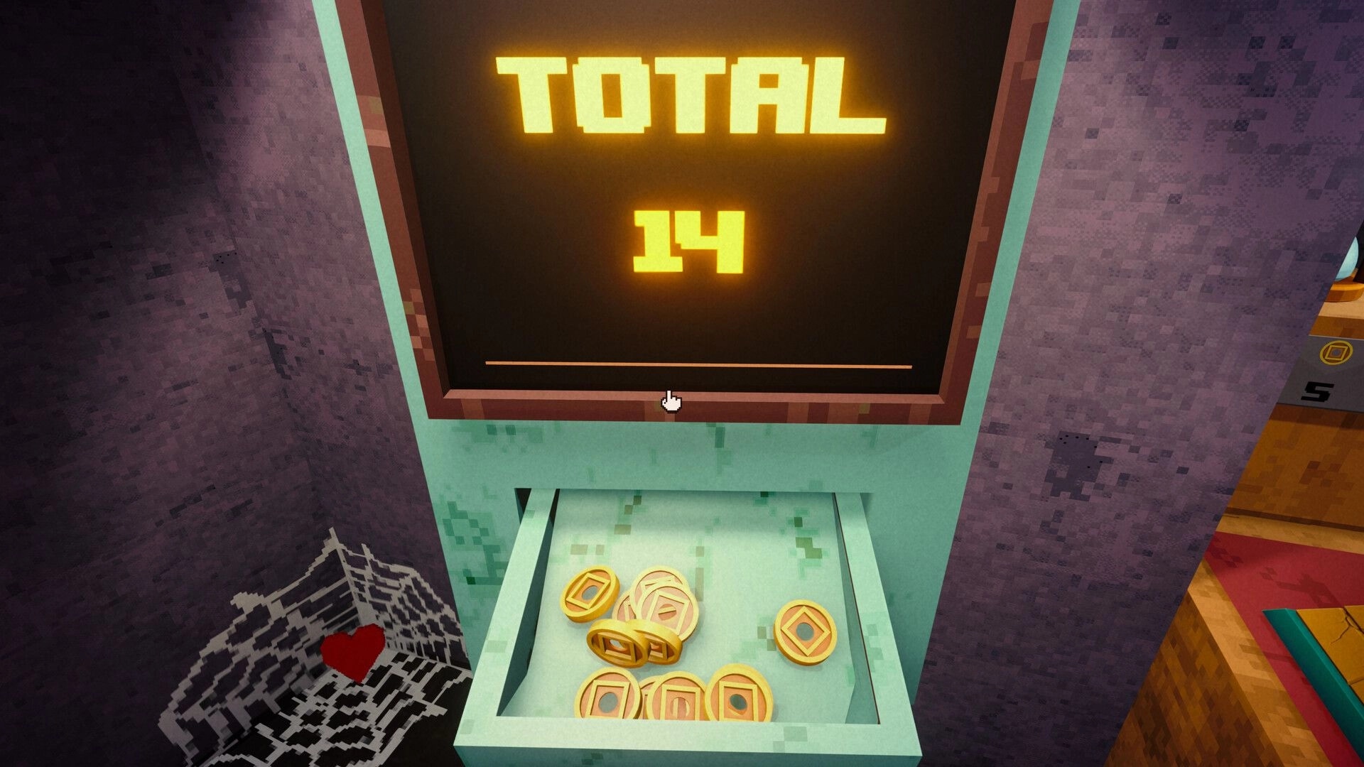 Please, Spin: Score display reading TOTAL 14 above a coin tray in a pixelated arcade room.