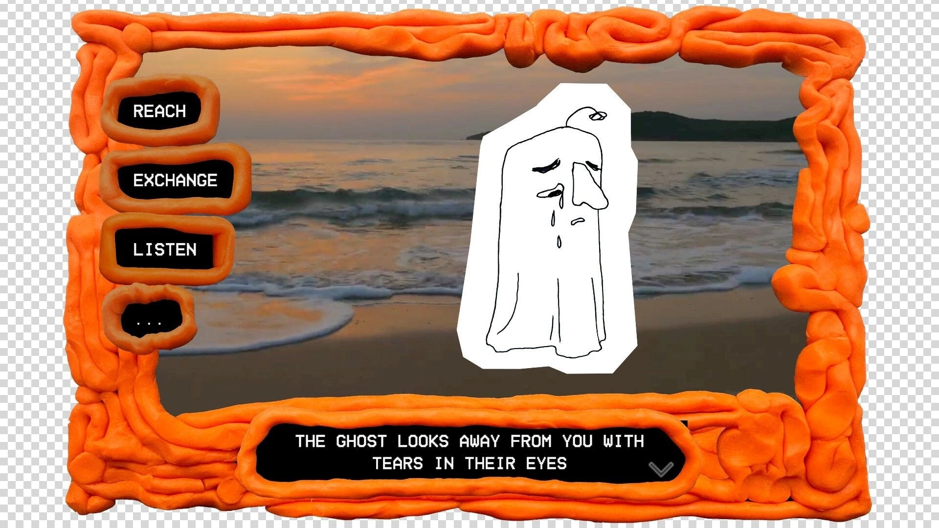 Plum Road Tea Dream: Ghost with tears by the ocean, orange UI with options Reach, Exchange, Listen