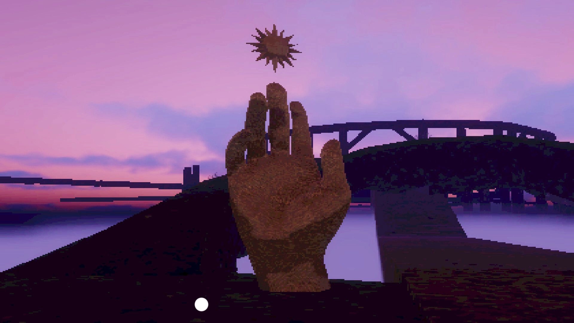 Plum Road Tea Dream: Giant hand statue reaching toward a floating sun symbol at sunset on a bridge.