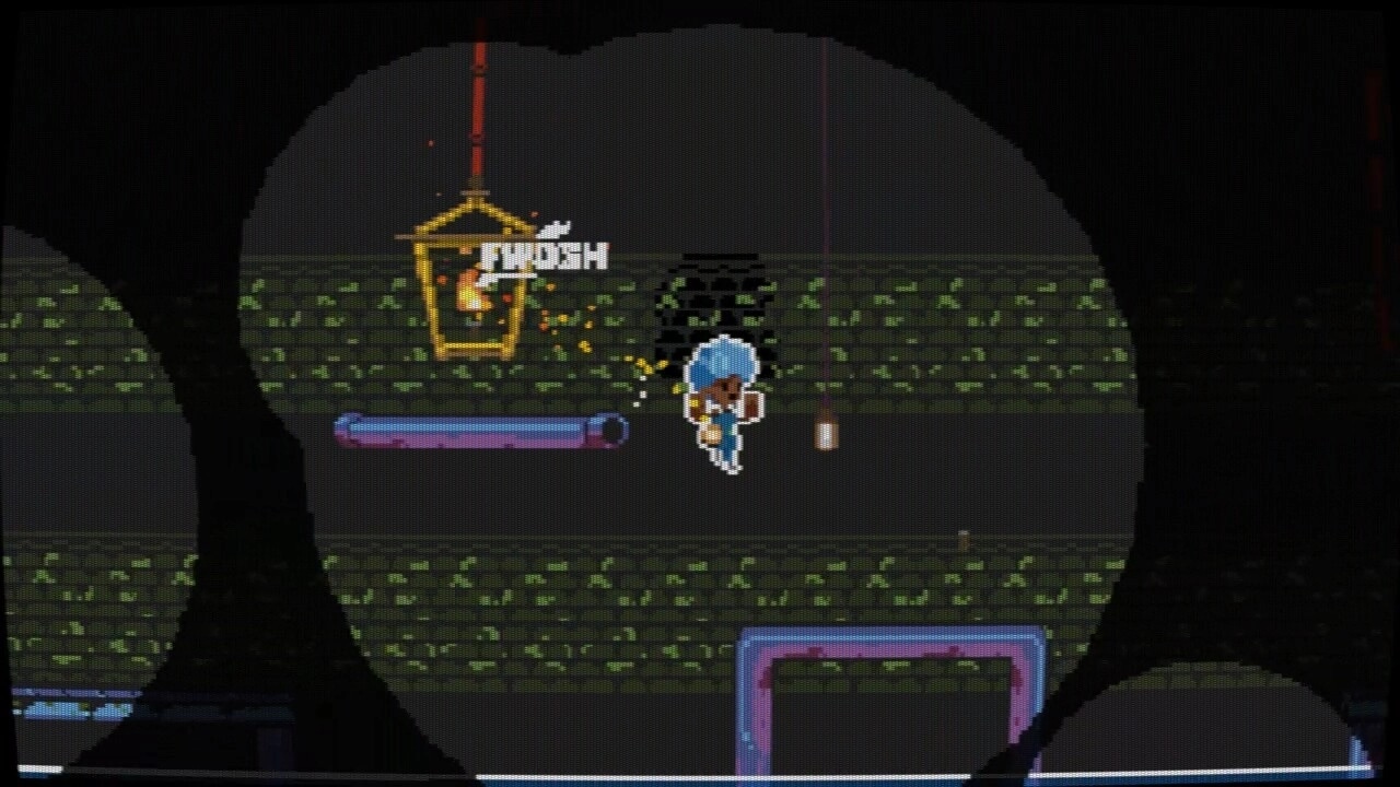 Plungeez: Bonnie jumps near a hanging lantern and purple pipe in a dark brick sewer tunnel.