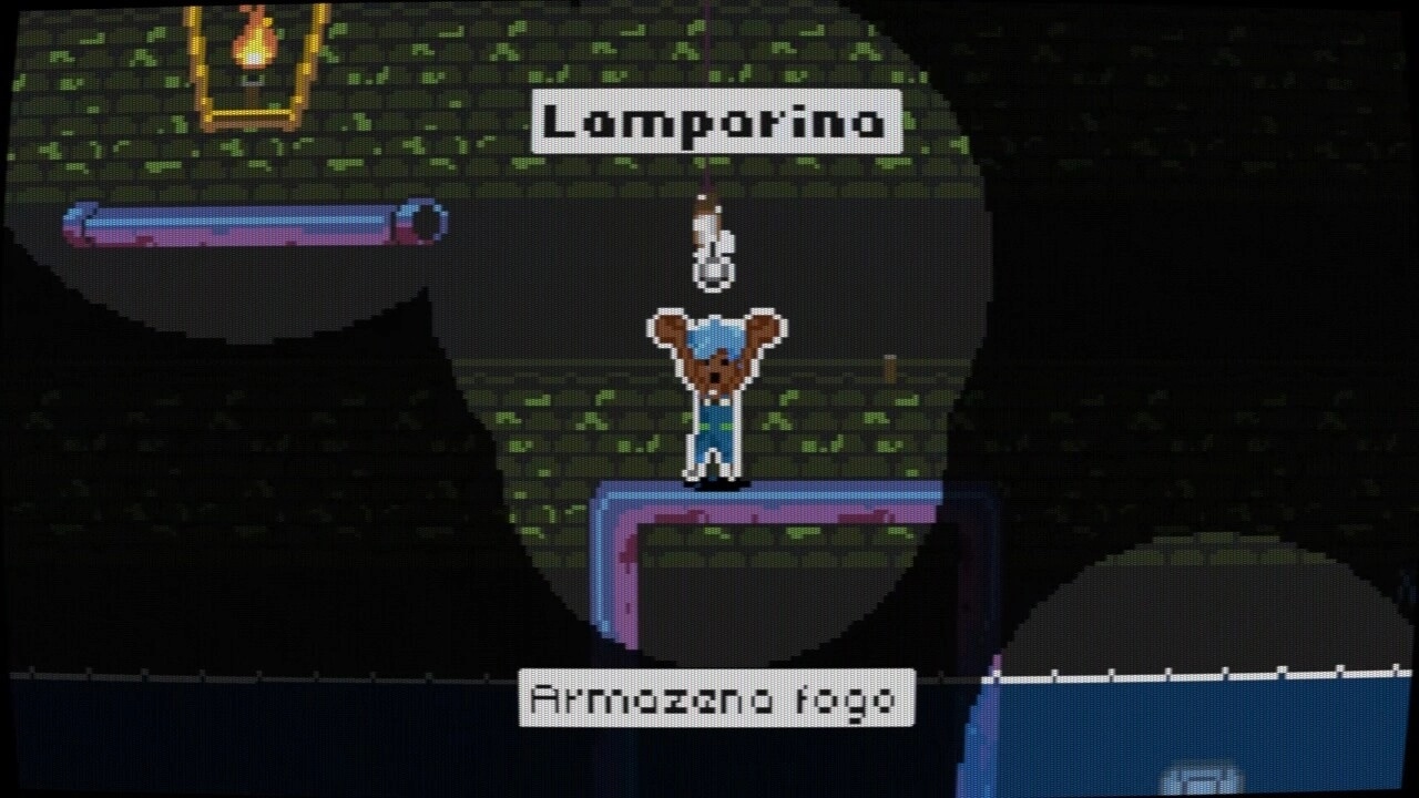 Plungeez: Bonnie grabs a hanging lamp post labeled Lamporino in a dark sewer tunnel room.