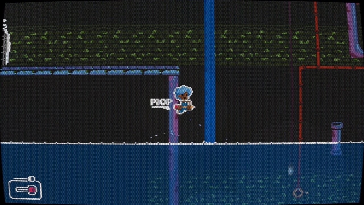 Plungeez: Bonnie clings to a pipe above sewer water with a plop prompt and HUD in sewers.