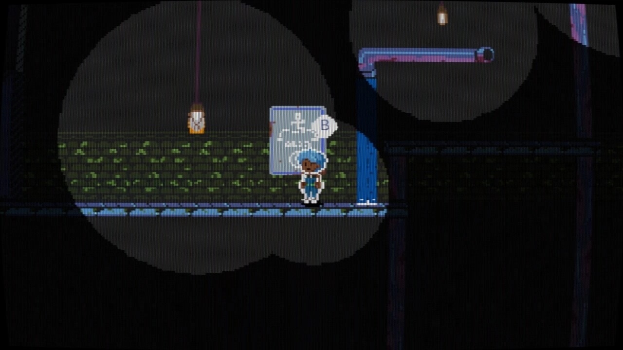 Plungeez: Bonnie stands by a lever sign with B prompt beside a waterfall in dark sewer tunnels.