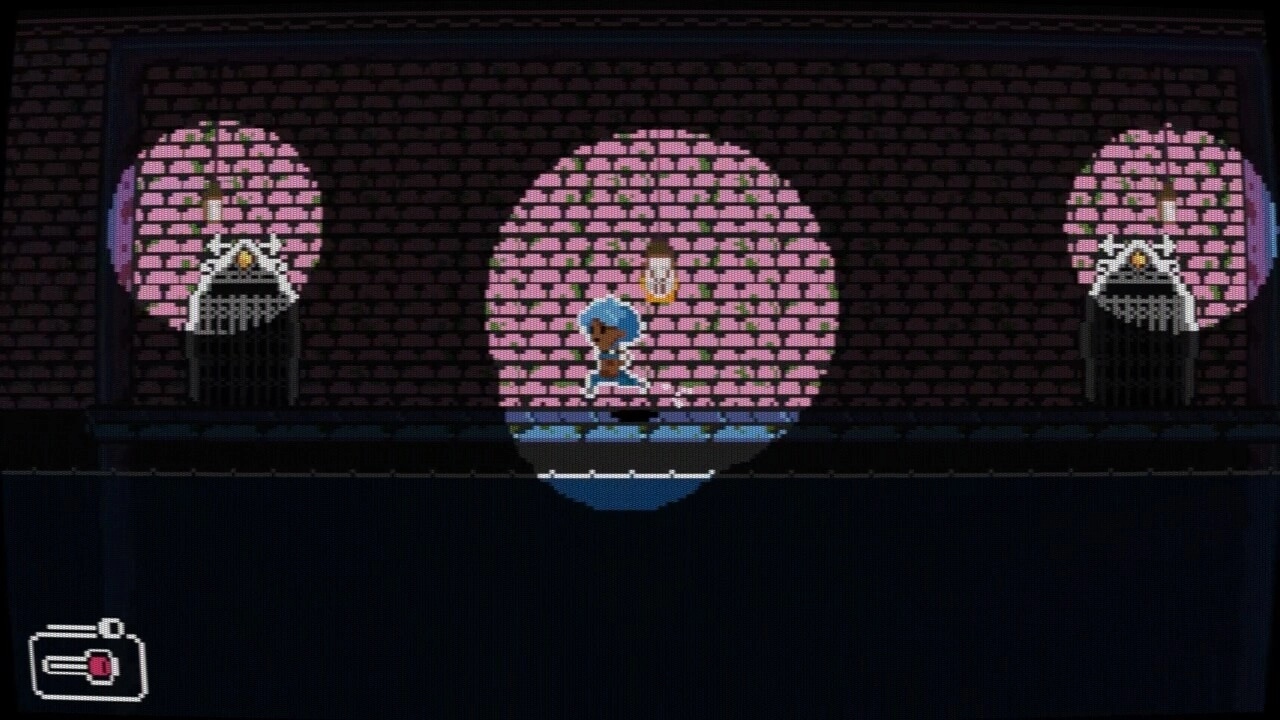 Plungeez: Bonnie walks through a sewer tunnel lit by circular lanterns, with battery UI icon bottom left.