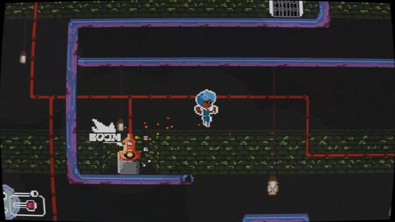Plungeez: Blue-haired girl hovers above a plunger switch in a sewer tunnel with pipes and lamps.