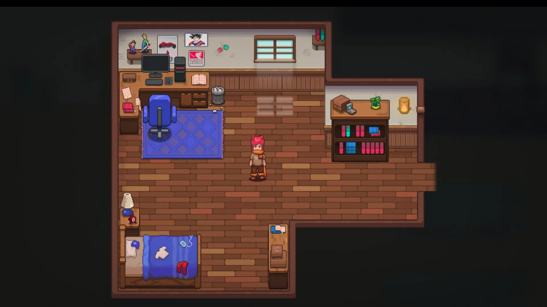 Pluralys: Character exploring a cozy bedroom with desk, bed, bookshelf, and various decorations