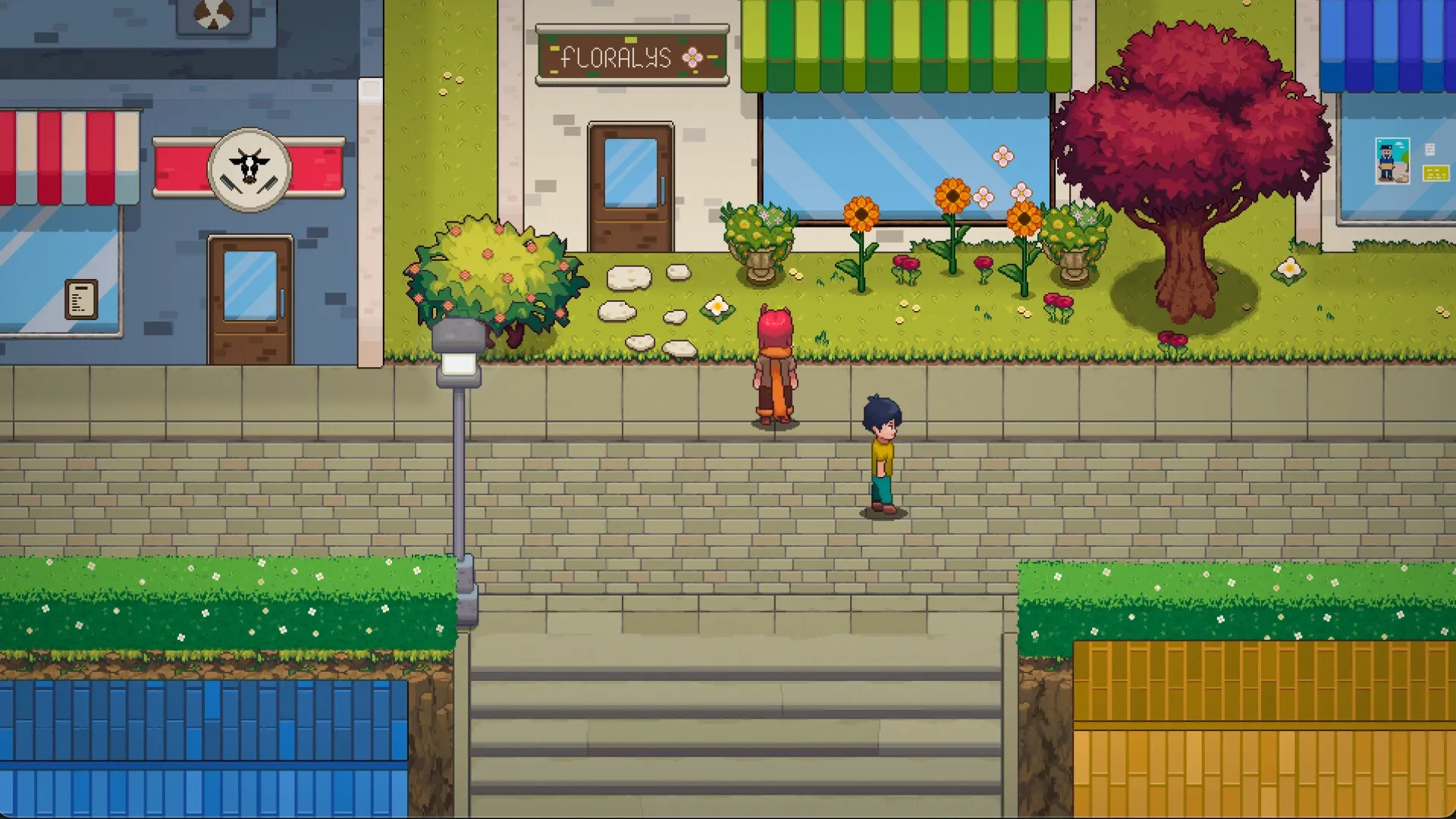 Pluralys: Two characters walk past shops and a red tree on a colorful, sunlit street in a quaint town