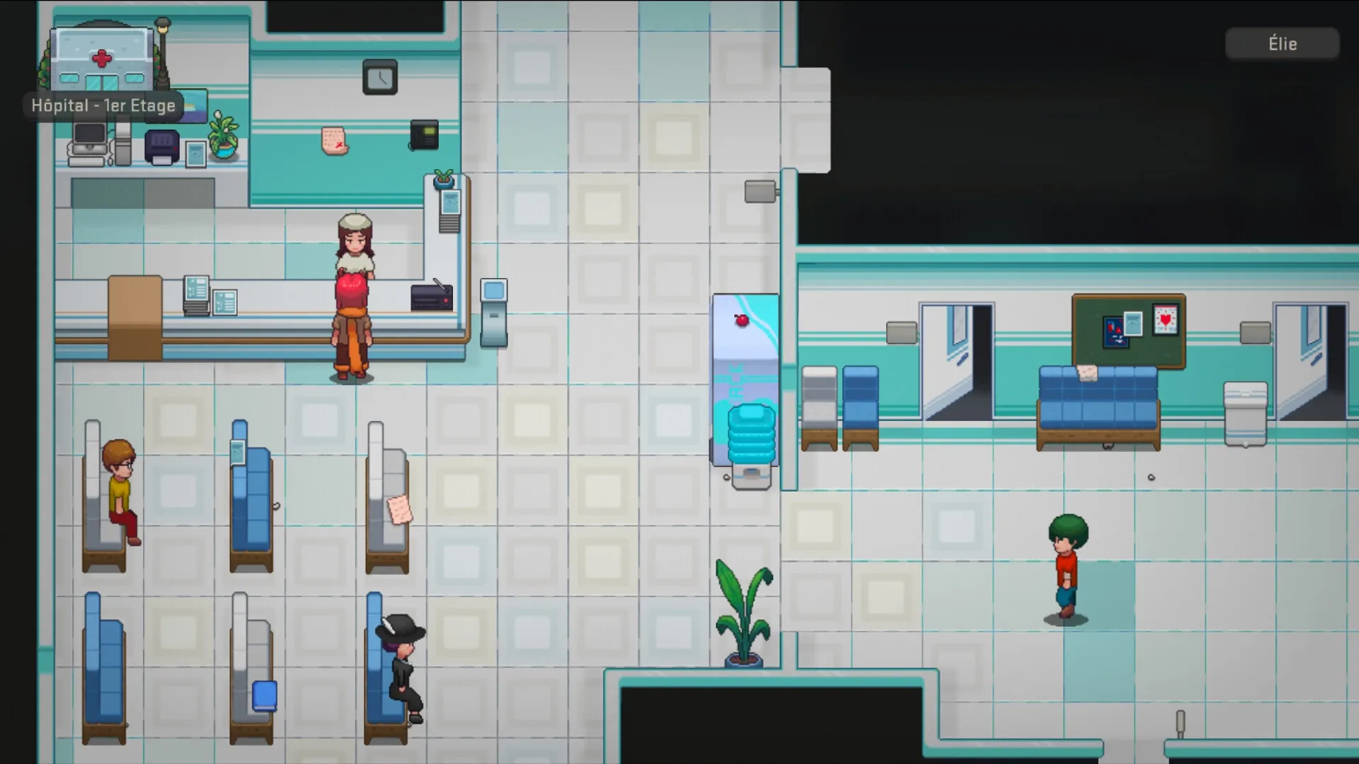 Pluralys: Hospital reception area with a character interacting at the counter, others seated in waiting area