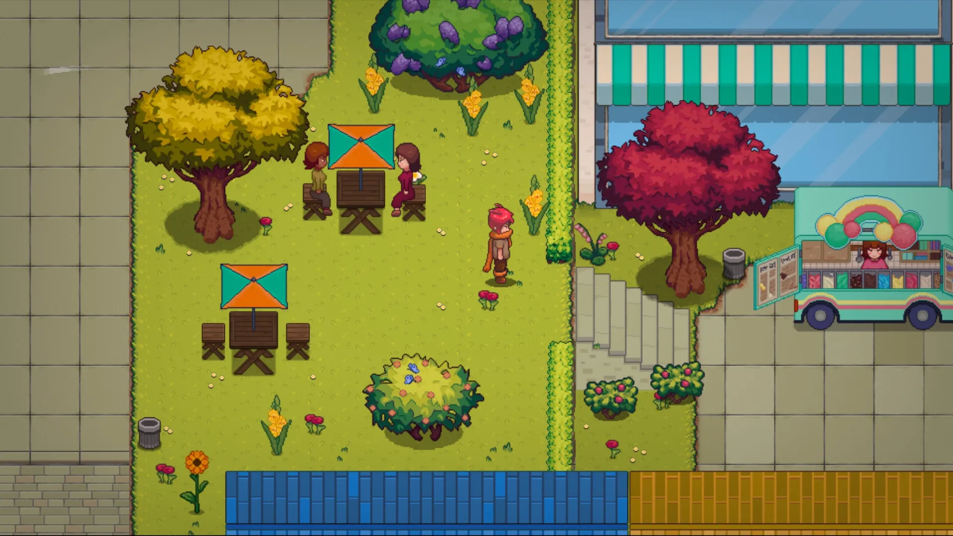 Pluralys: Character walks in park with tables, trees, and colorful ice cream truck near storefront.