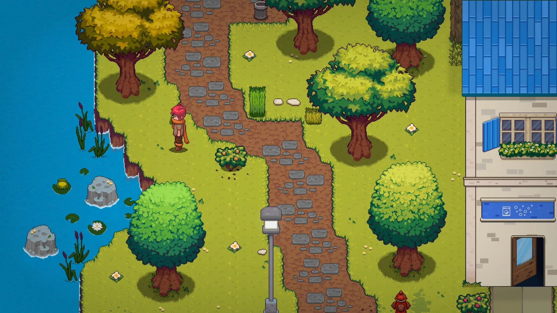 Pluralys: Character walks along a stone path by a lake, surrounded by trees and a building with blue roof