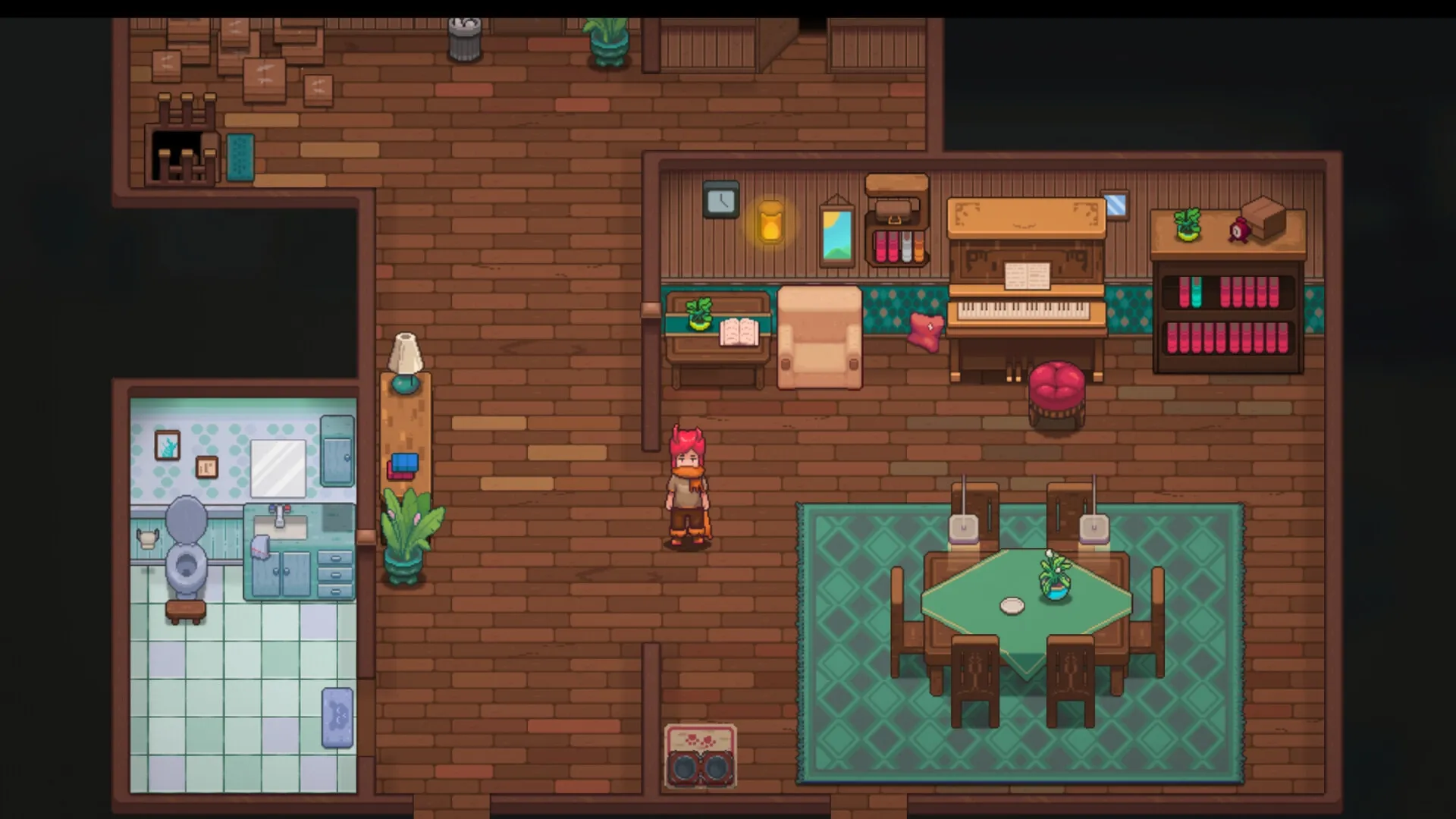 Pluralys: Character stands in cozy wooden room with piano, bookshelves, and adjacent small bathroom.