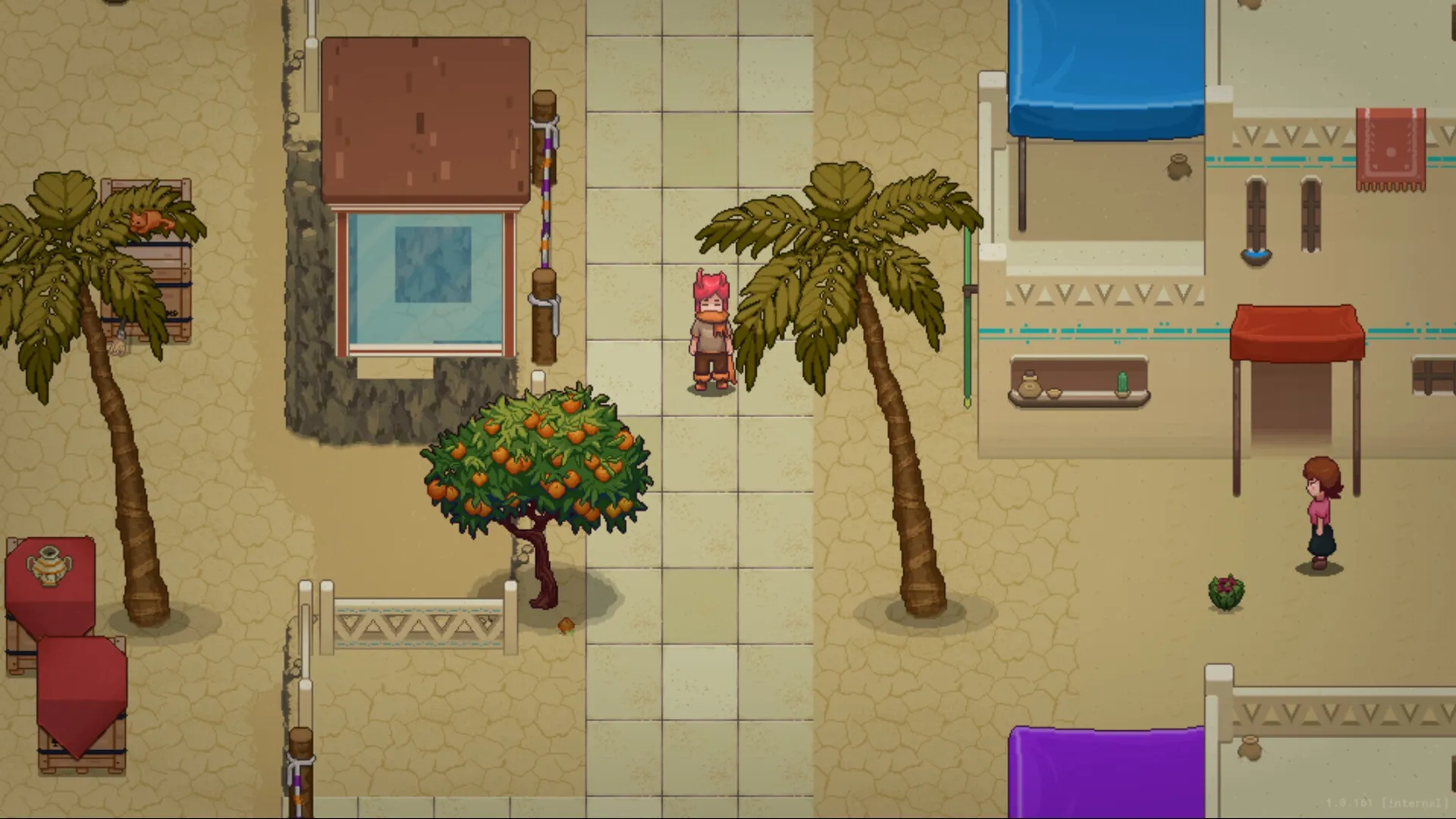 Pluralys: Character with pink hair walks through a desert village square with trees and market stalls