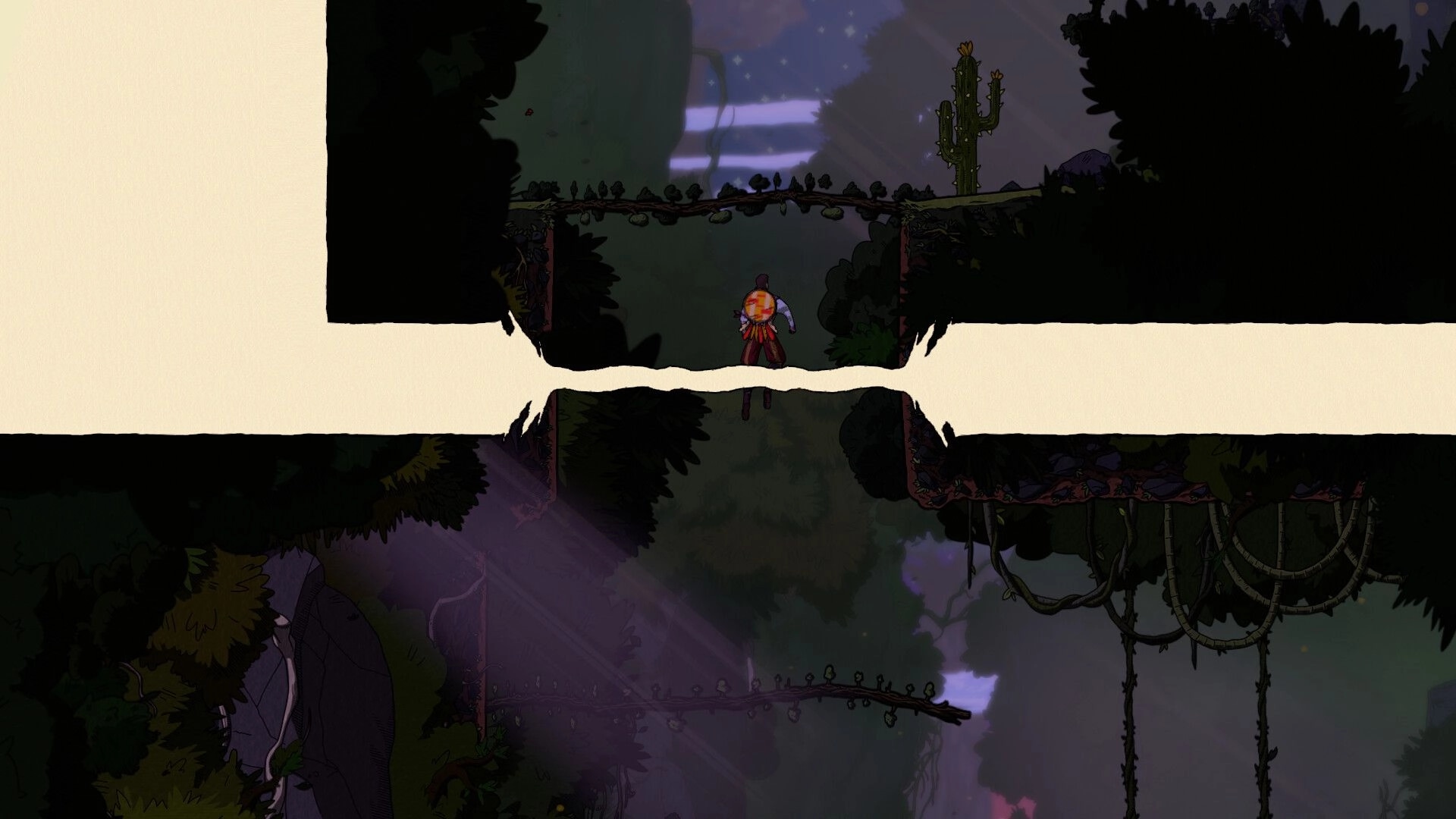 Plus Ultra: Character jumping between platforms in a dark, lush forest with vines and a cactus nearby.
