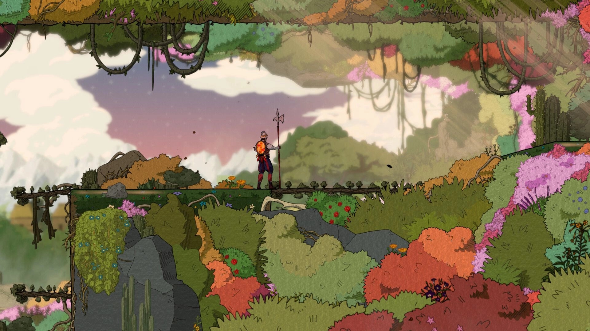 Plus Ultra: Warrior with halberd stands on wooden path in lush, colorful jungle environment
