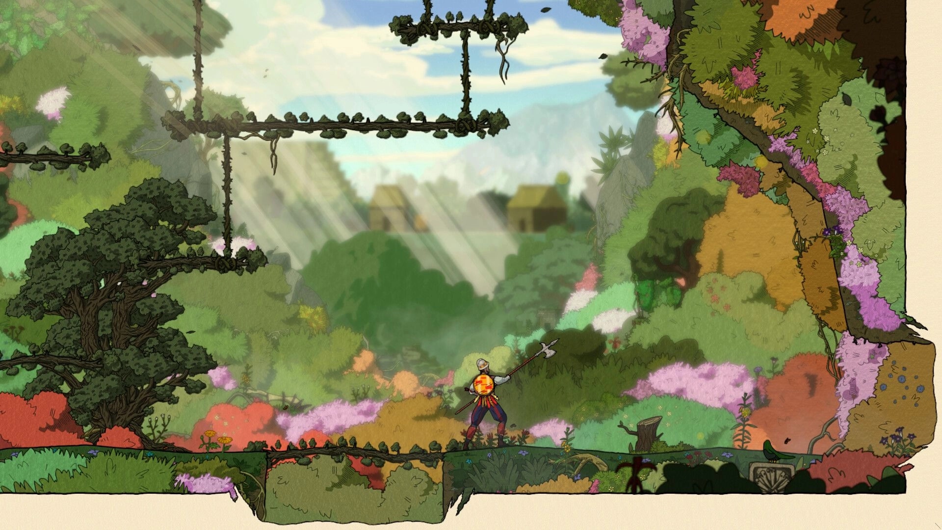 Plus Ultra: Warrior with spear stands in a vibrant, lush forest environment with colorful foliage.