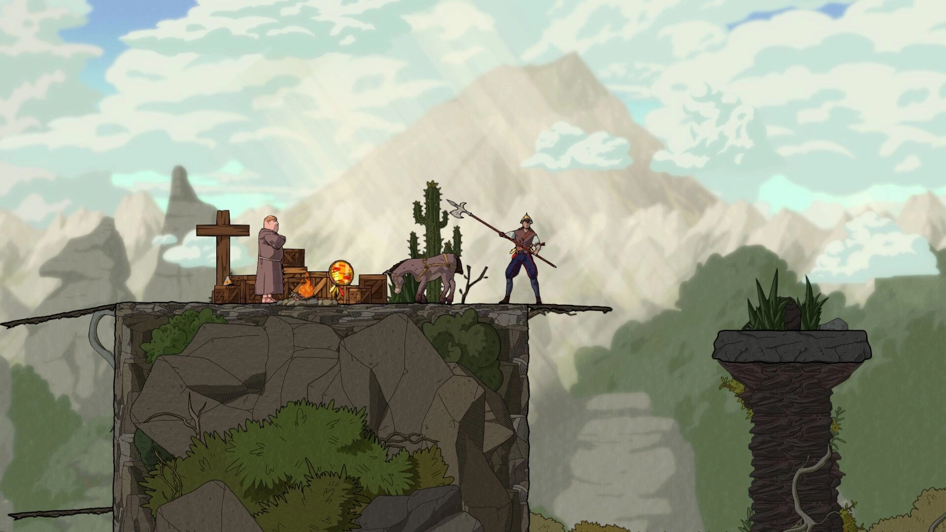 Plus Ultra: Character with spear and donkey on cliffside plateau, mountains in background, comic style.