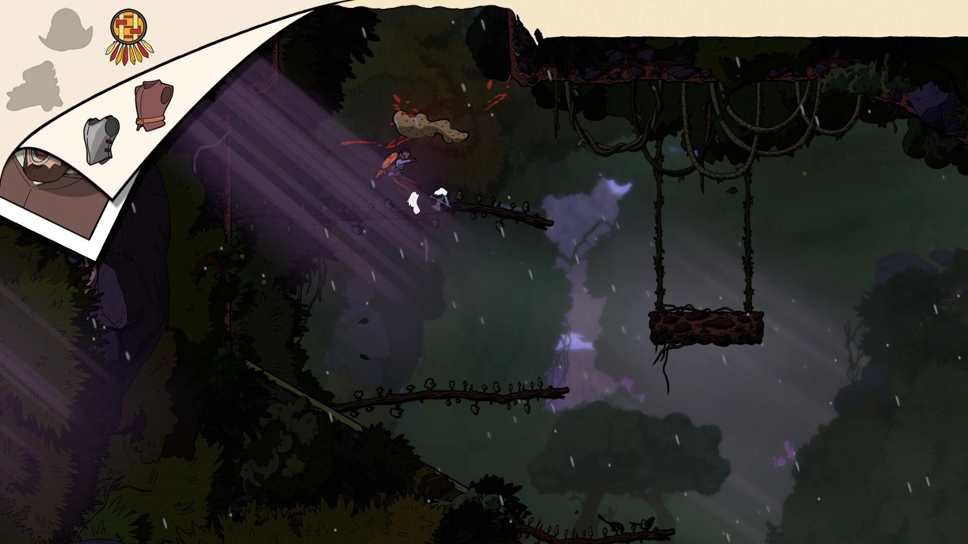 Plus Ultra: Character jumps across platforms in a dense jungle with inventory menu overlay visible