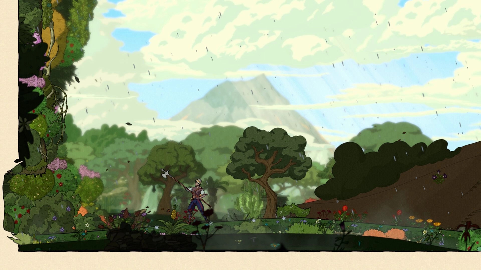 Plus Ultra: Warrior with spear traverses lush, rain-soaked forest with mountain backdrop in the distance