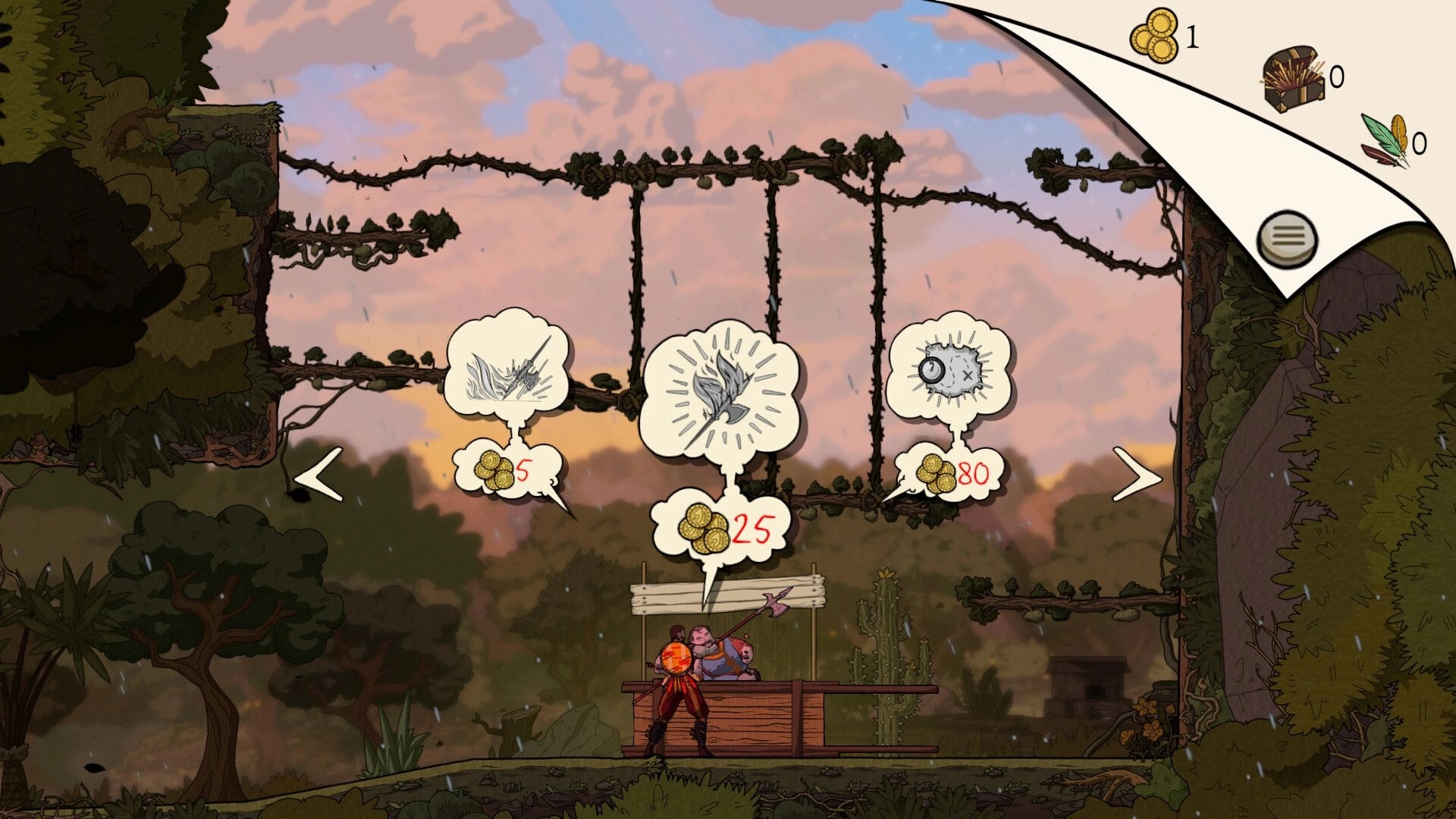 Plus Ultra: Character at market stall in lush forest buying items with coin icons displayed overhead