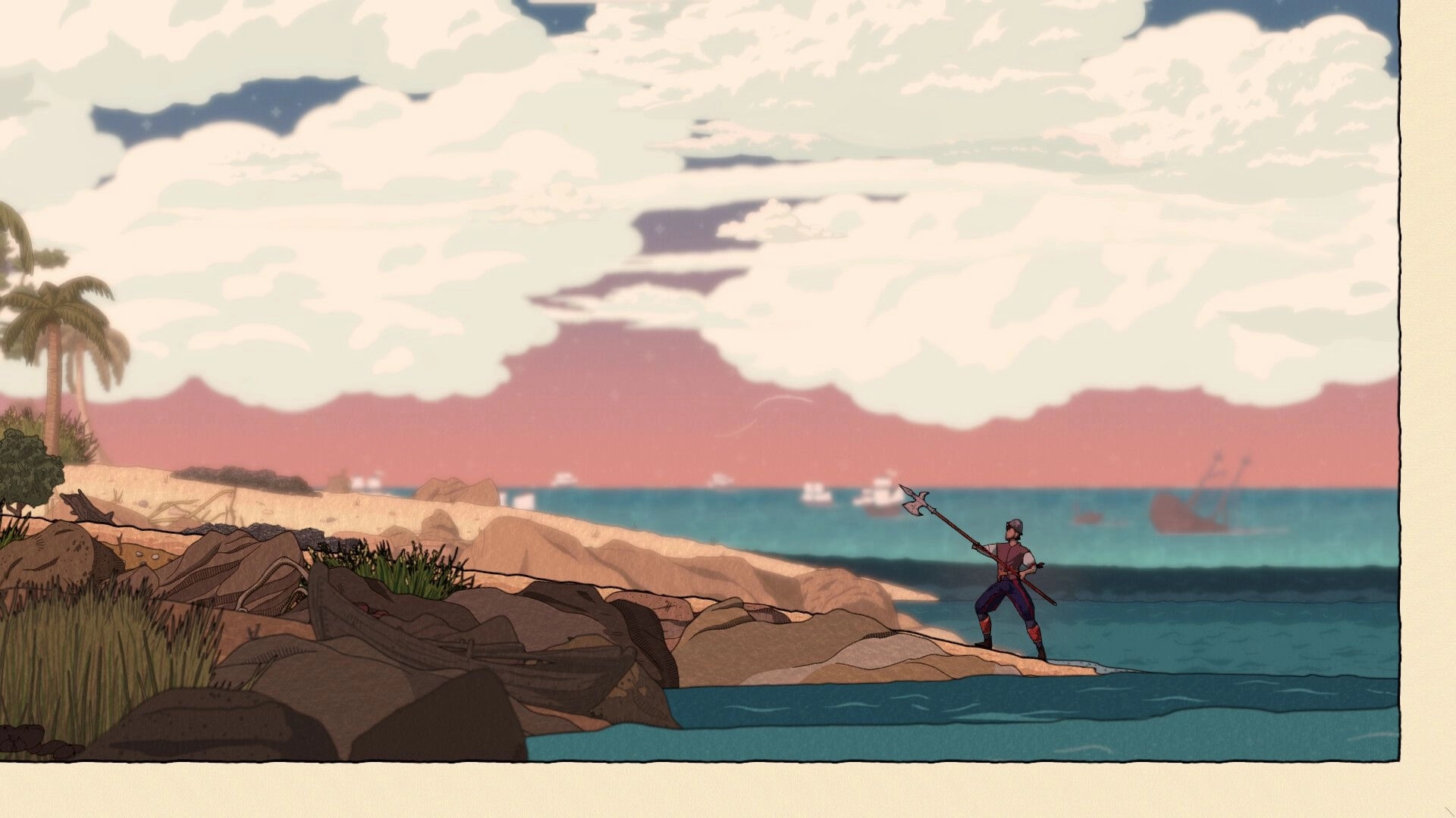 Plus Ultra: Character with spear on rocky shore, ships in distance, set against vibrant sunset sky