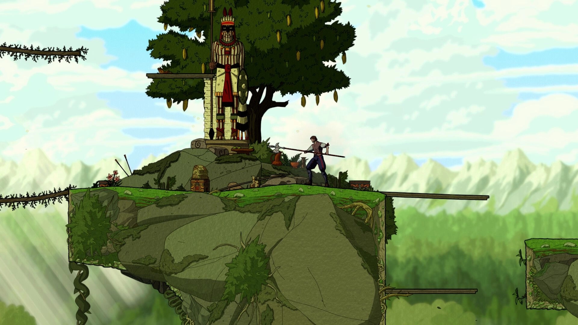 Plus Ultra: Warrior with spear confronts guardian statue on cliffside with lush forest backdrop