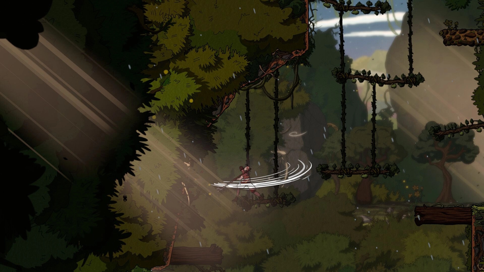 Plus Ultra: Character swings sword in lush forested platforming area with sun rays filtering through trees