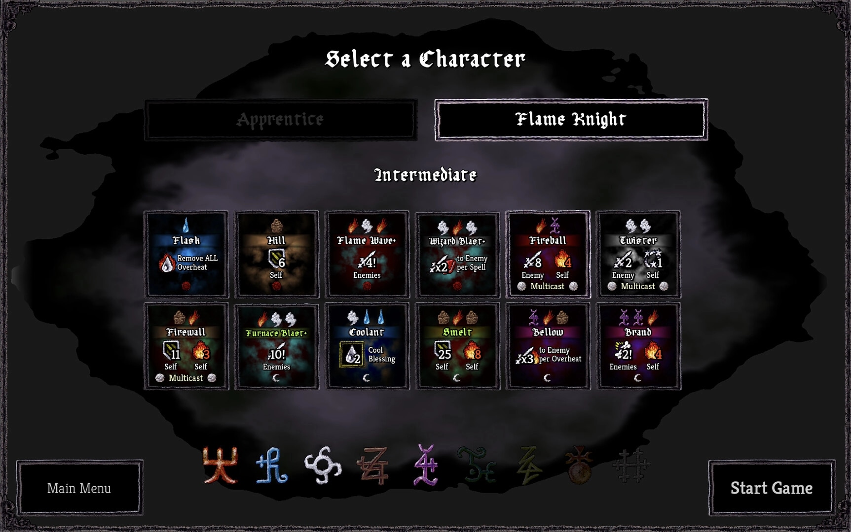 Pluto: Character selection screen with spells like Flash, Hill, and Fireball for Flame Knight class