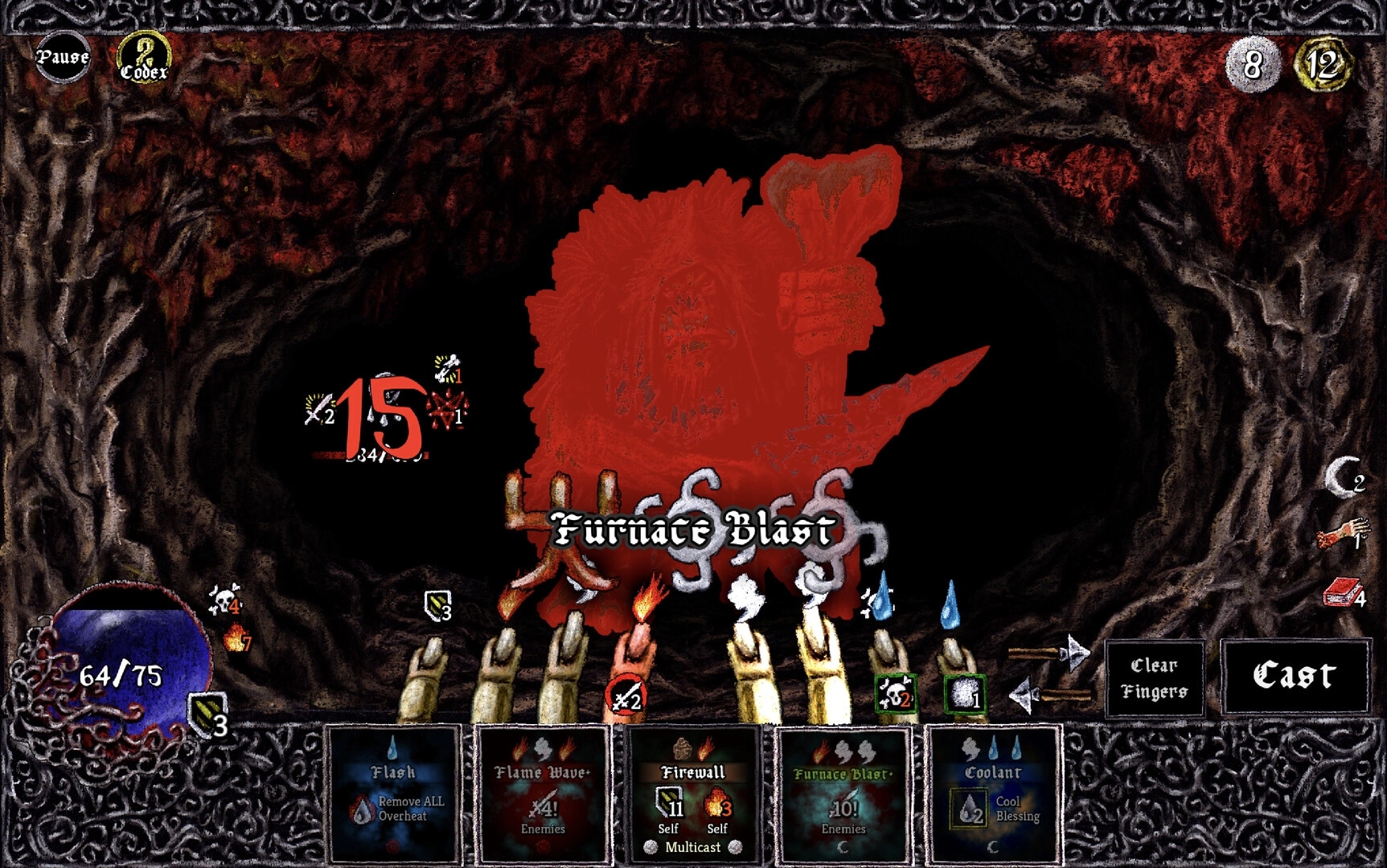 Pluto: Casting "Furnace Blast" spell in a dark cavern with card selection and health displayed