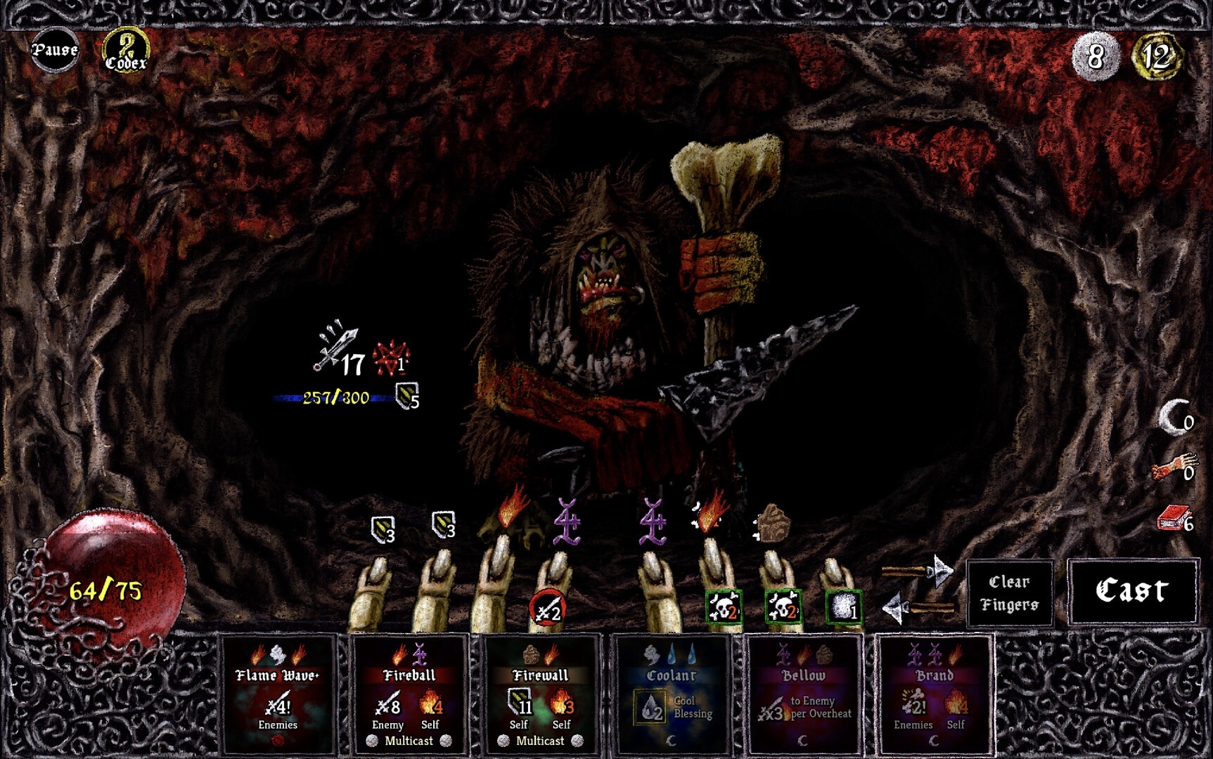 Pluto: Battle against a giant creature in a dark cave, spell cards and health bar displayed below.