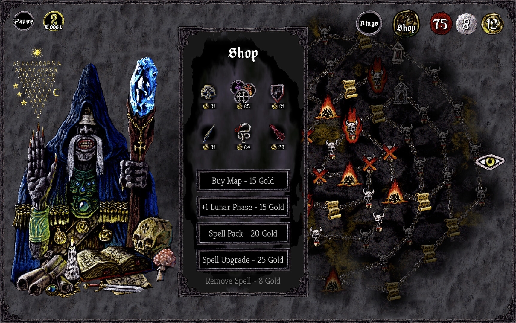Pluto: Hooded figure with staff in shop menu, map with fiery nodes and scrolls on the right side