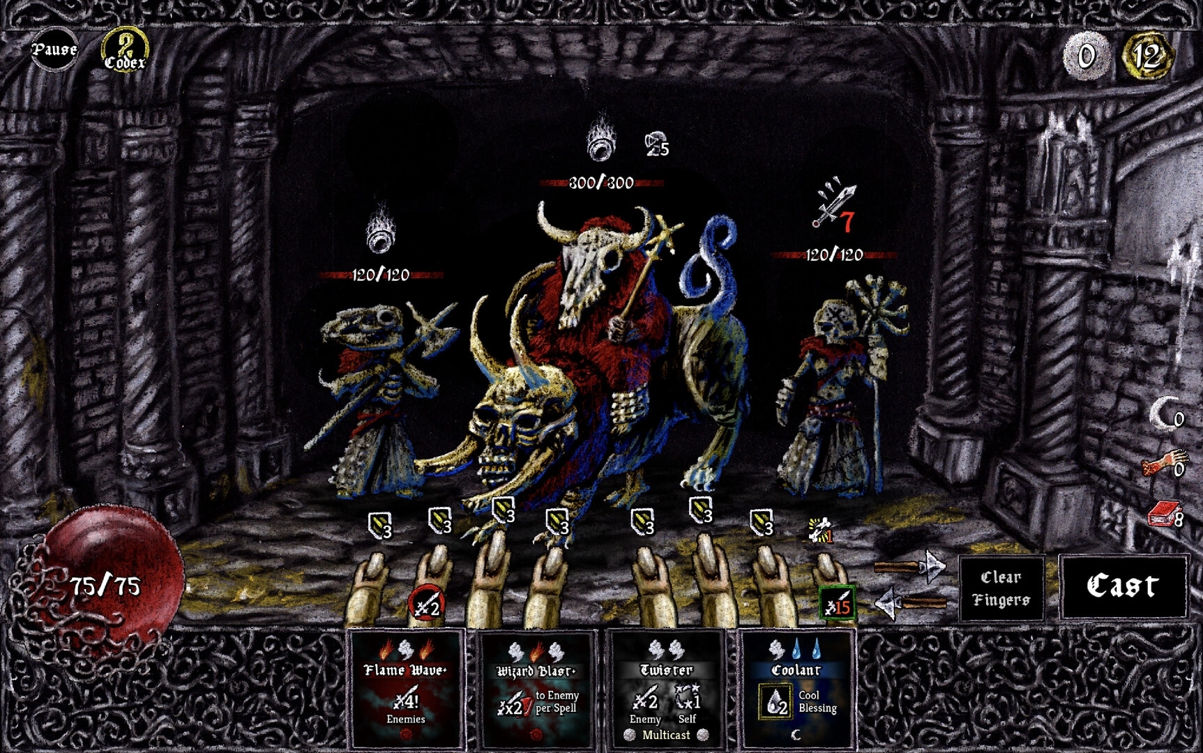 Pluto: Player faces four skeleton enemies in a dungeon with spell cards and health indicators visible.